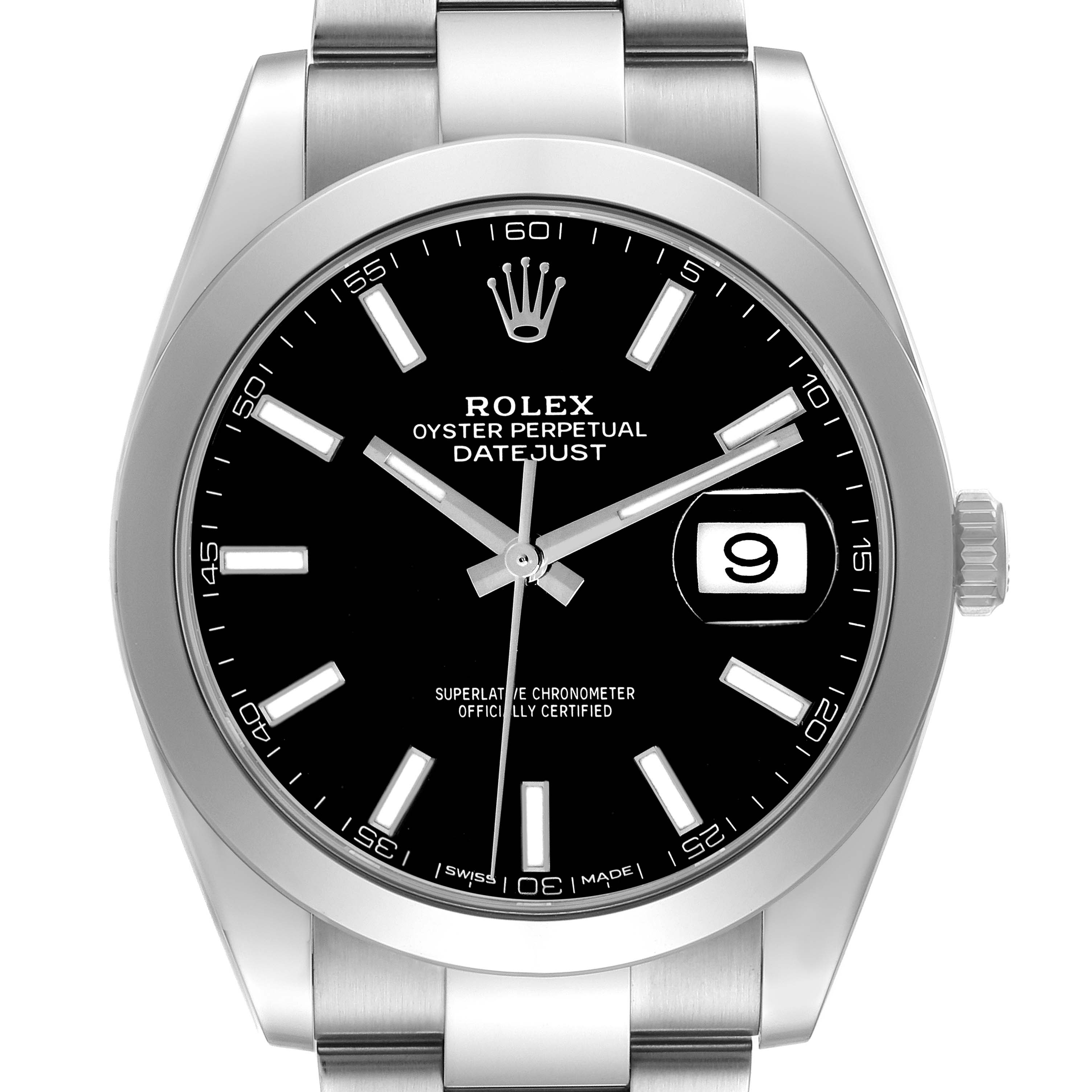 The image shows a Rolex Datejust model 126300 from a front angle, highlighting the dial, bezel, bracelet, and crown of this men's watch.