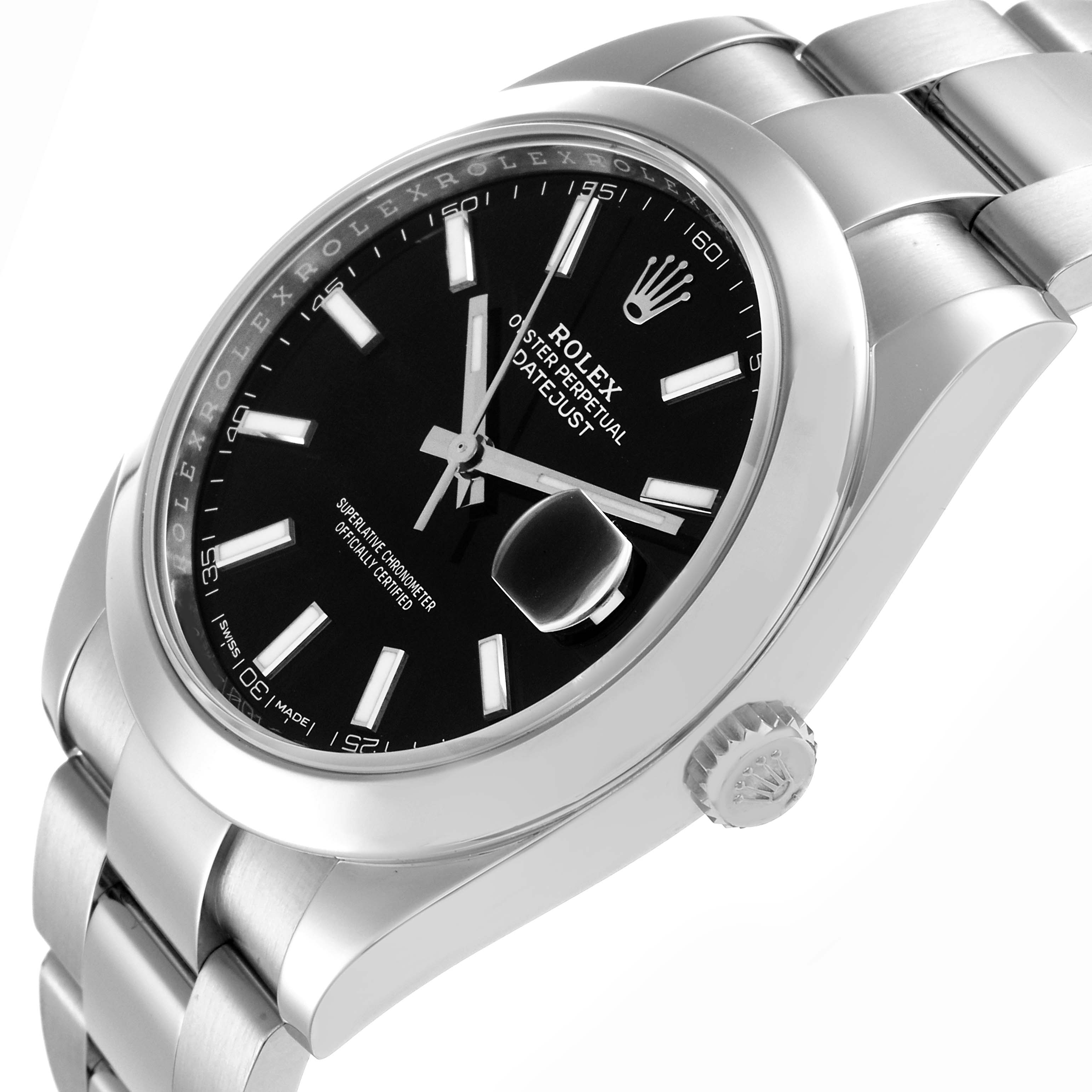 The Rolex Datejust model 126300 is shown at a slight angle, highlighting the watch face, black dial, bezel, crown, and part of the bracelet.