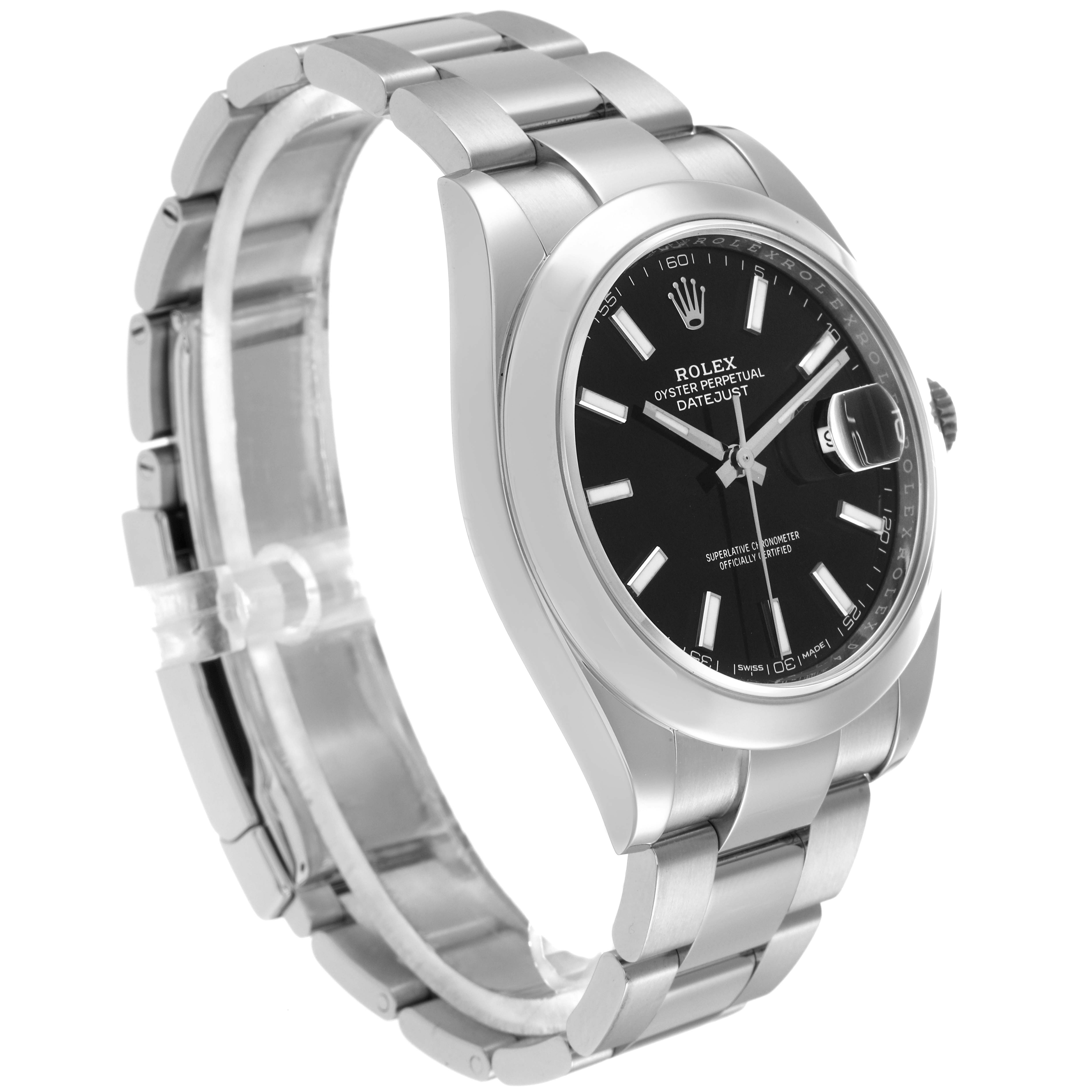 The Rolex Datejust model 126300 is shown at a three-quarter angle, highlighting the black dial, polished bezel, and stainless steel bracelet.