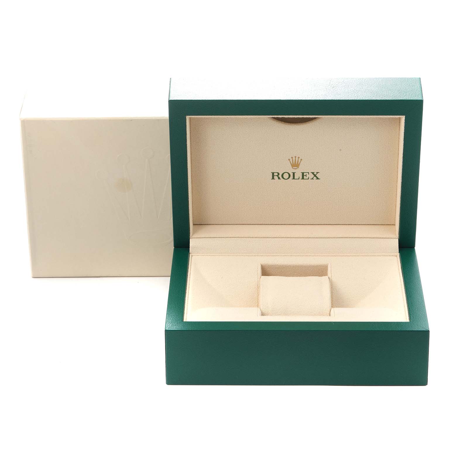 The image shows an open green and beige Rolex watch box, likely for the Datejust model 126300 Men's watch.