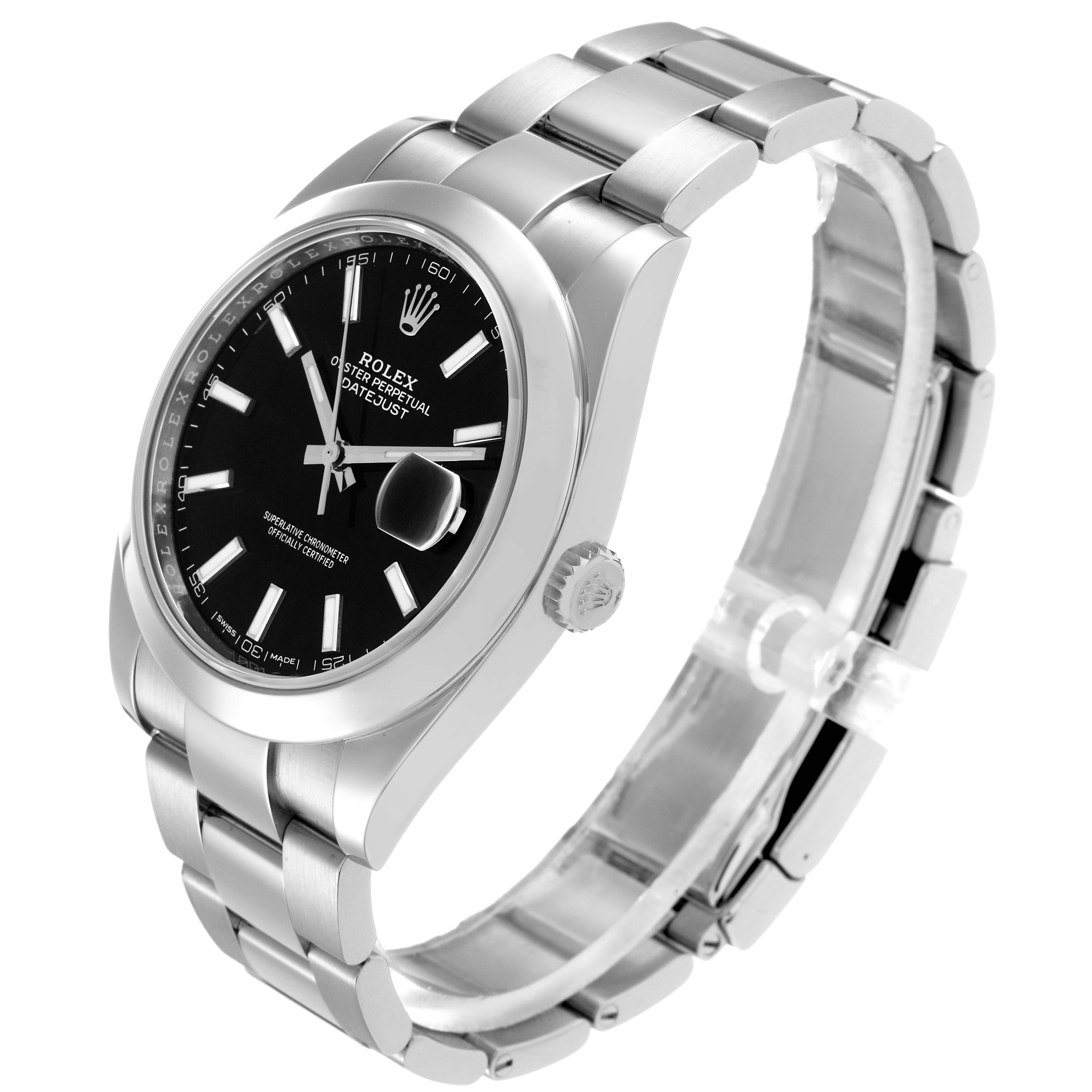 The Rolex Datejust model 126300 is shown at a three-quarter angle, highlighting the black dial, steel bracelet, and crown on the right side.