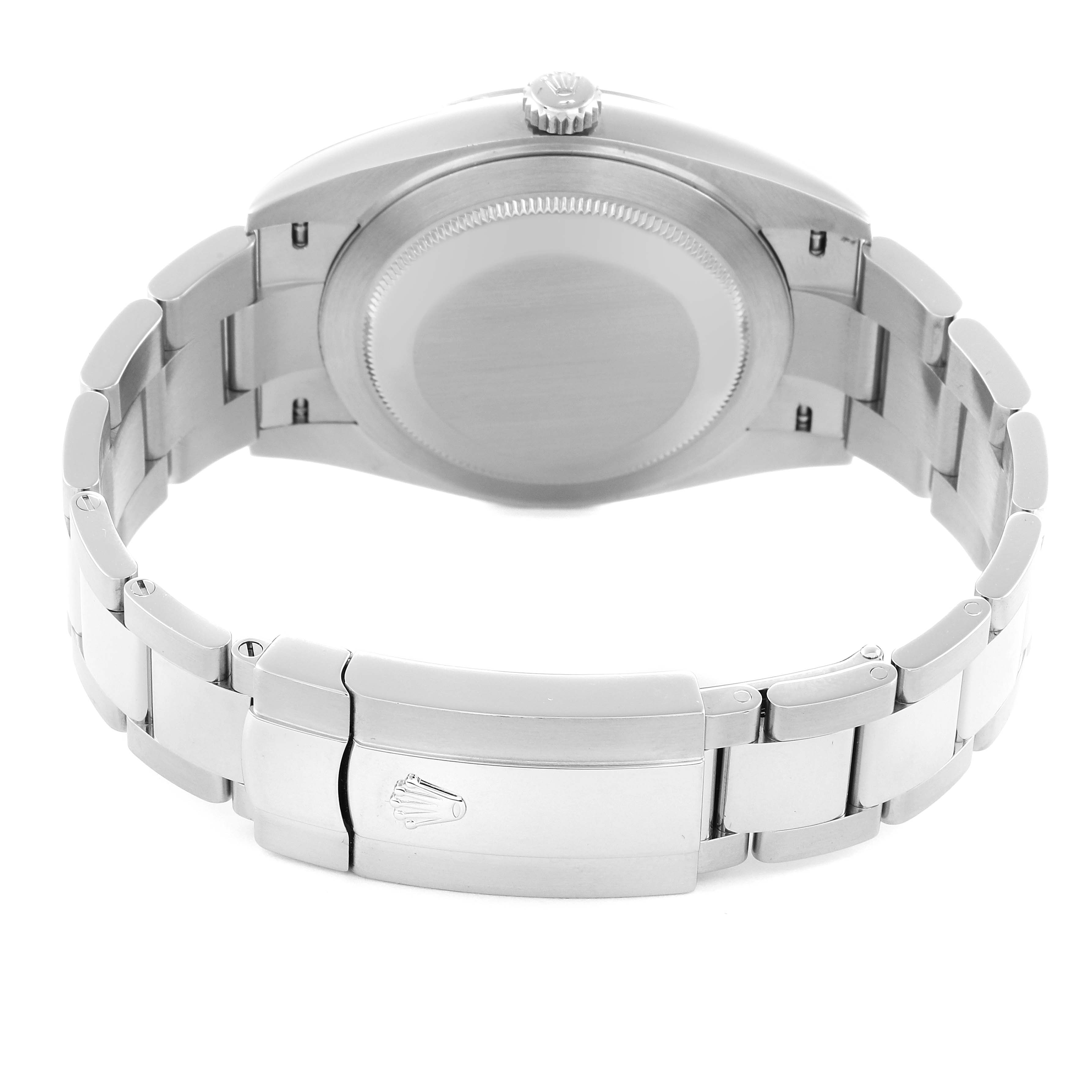 The image shows the backside of the Rolex Datejust model 126300, focusing on the case back, bracelet, and clasp.