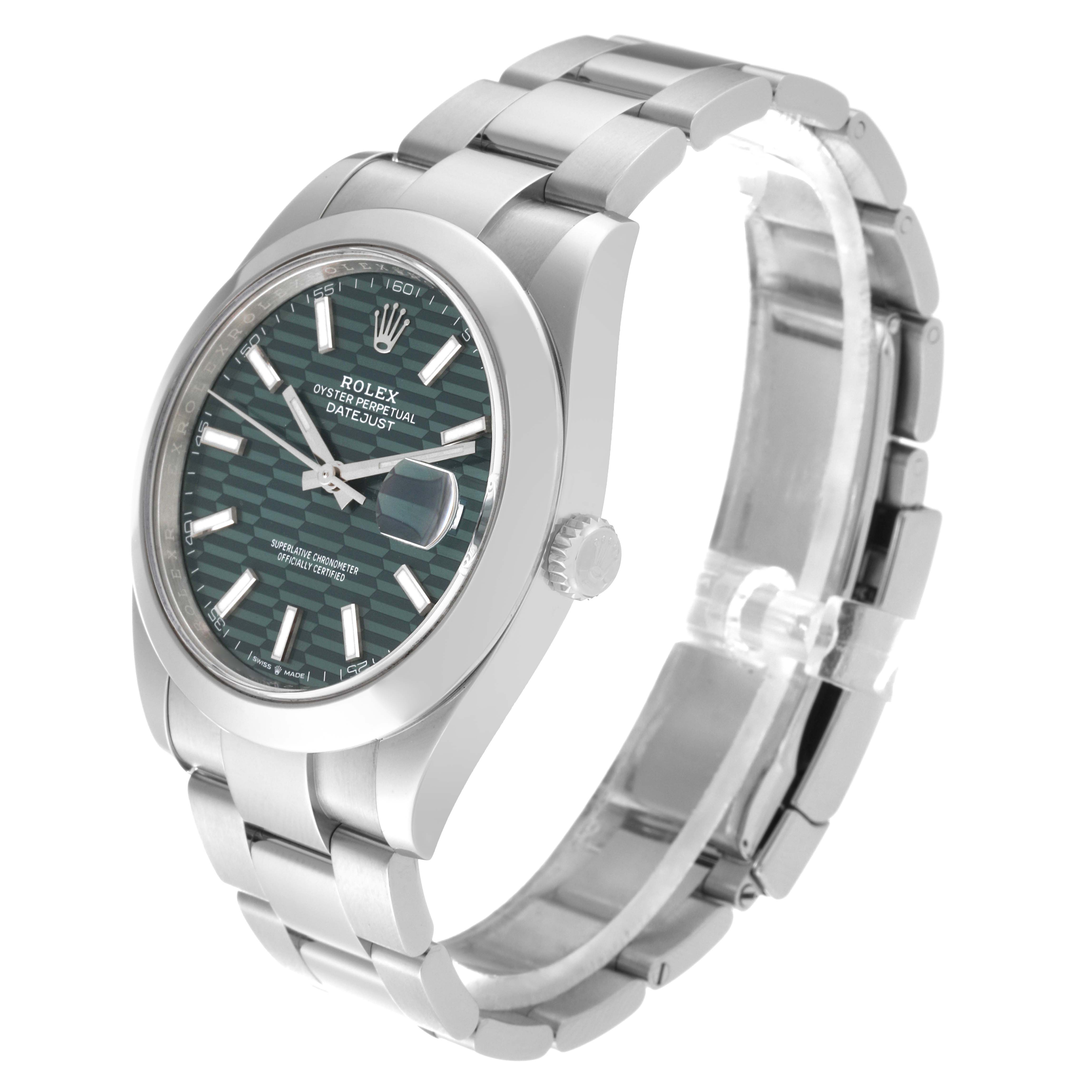 This image shows an angled side view of a Rolex Datejust 41 126300 Men's Stainless Steel Green Dial 126300 Men's Stainless Steel Green Dial watch, highlighting its dial, bezel, and bracelet.