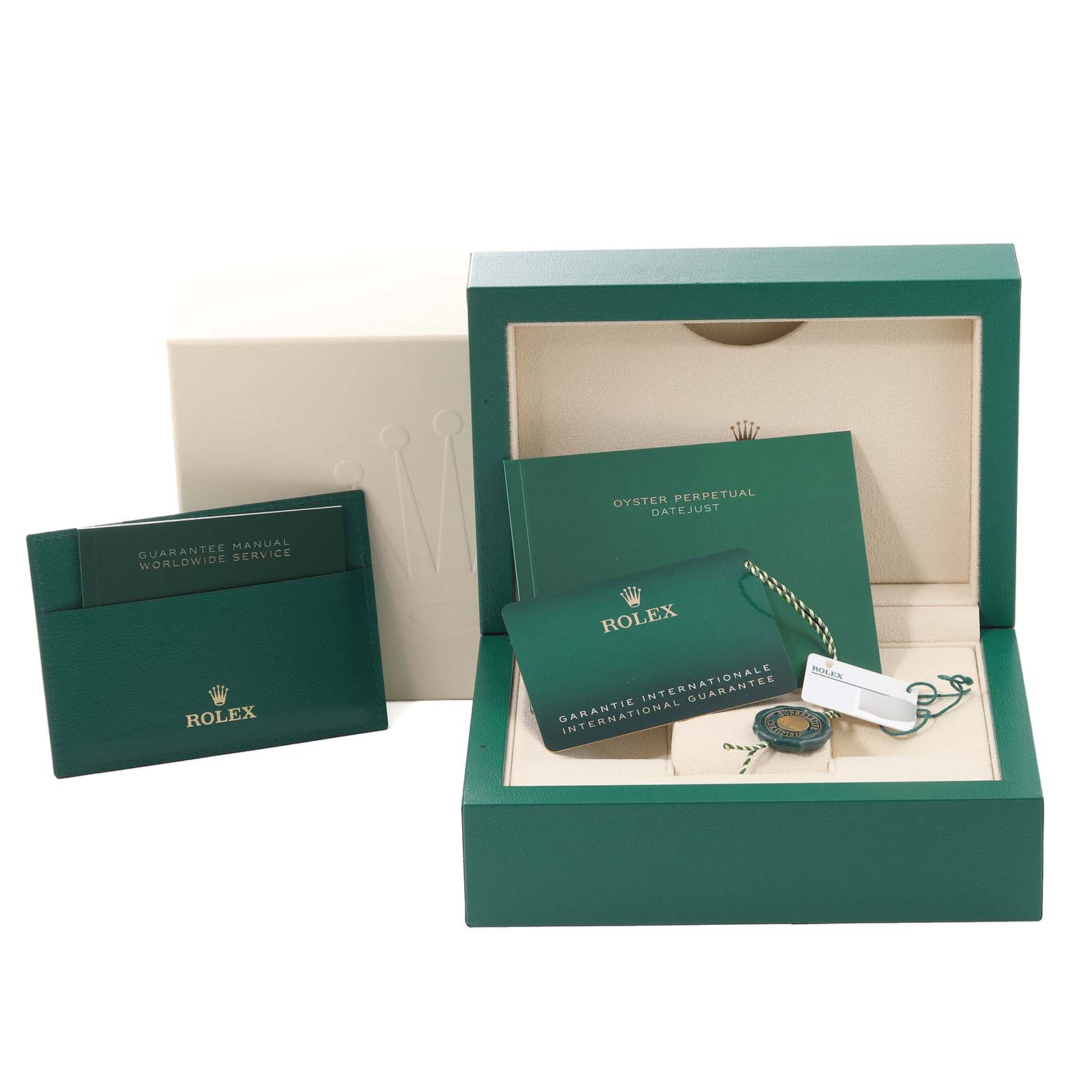 The image shows the Rolex Datejust 41 126300 Men's Stainless Steel Green Dial 126300 Men's Stainless Steel Green Dial packaging, including the box, guarantee manuals, and tags.