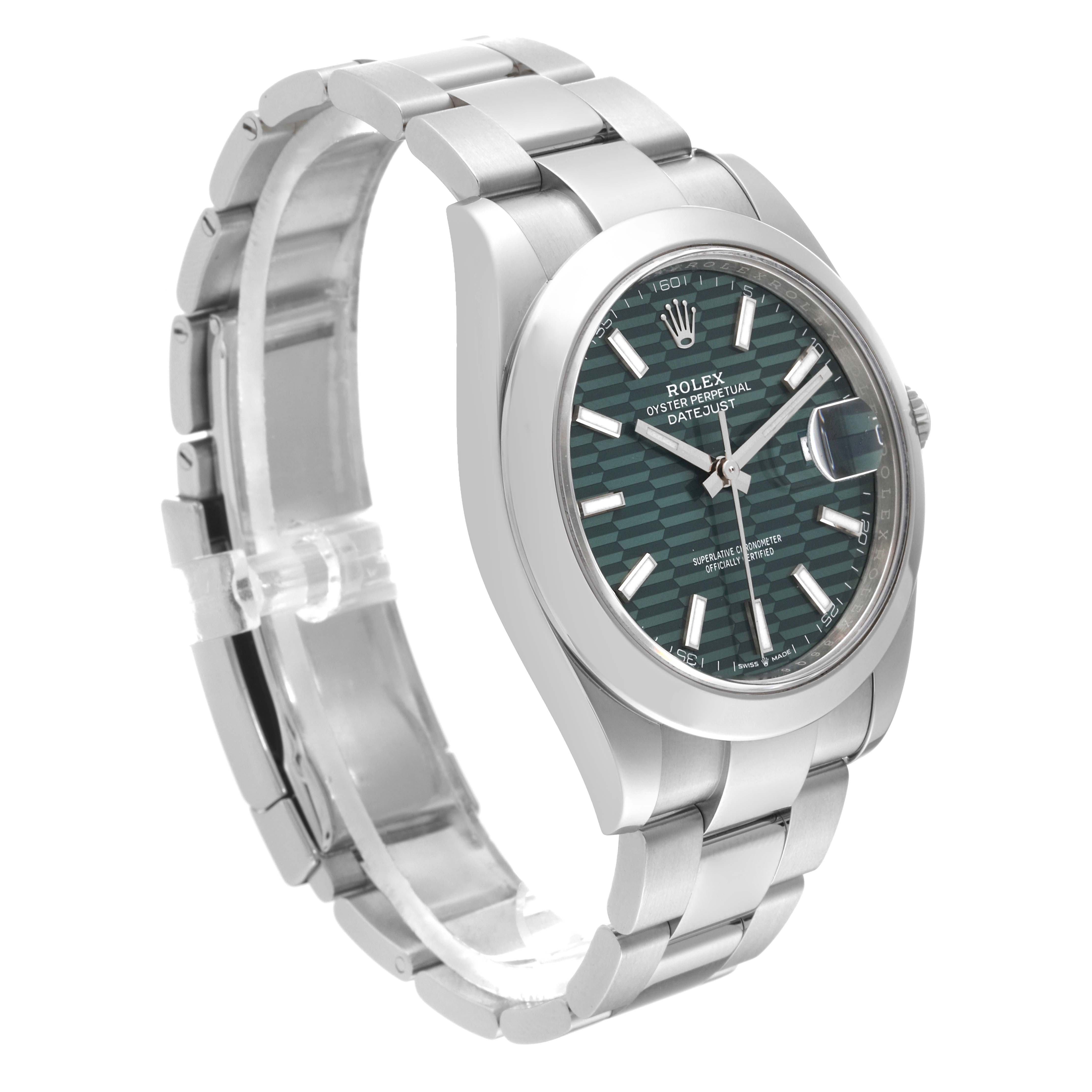 The Rolex Datejust 41 126300 Men's Stainless Steel Green Dial 126300 Men's Stainless Steel Green Dial watch is shown at an angled view highlighting its face, bezel, and partially open bracelet.