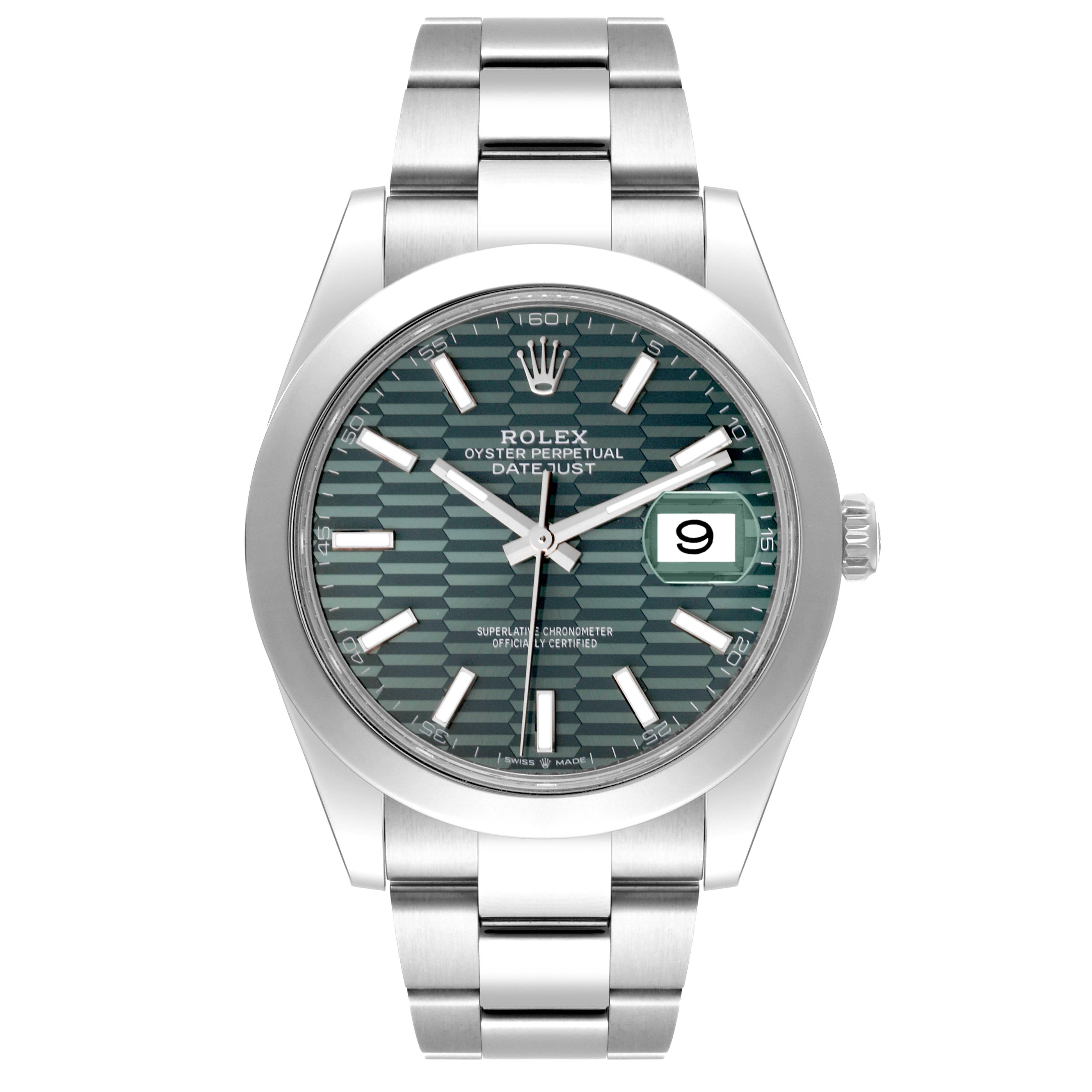 The image shows a front view of the Rolex Datejust 41 126300 Men's Stainless Steel Green Dial 126300 Men's Stainless Steel Green Dial watch, highlighting its dial, bezel, bracelet, and date window.