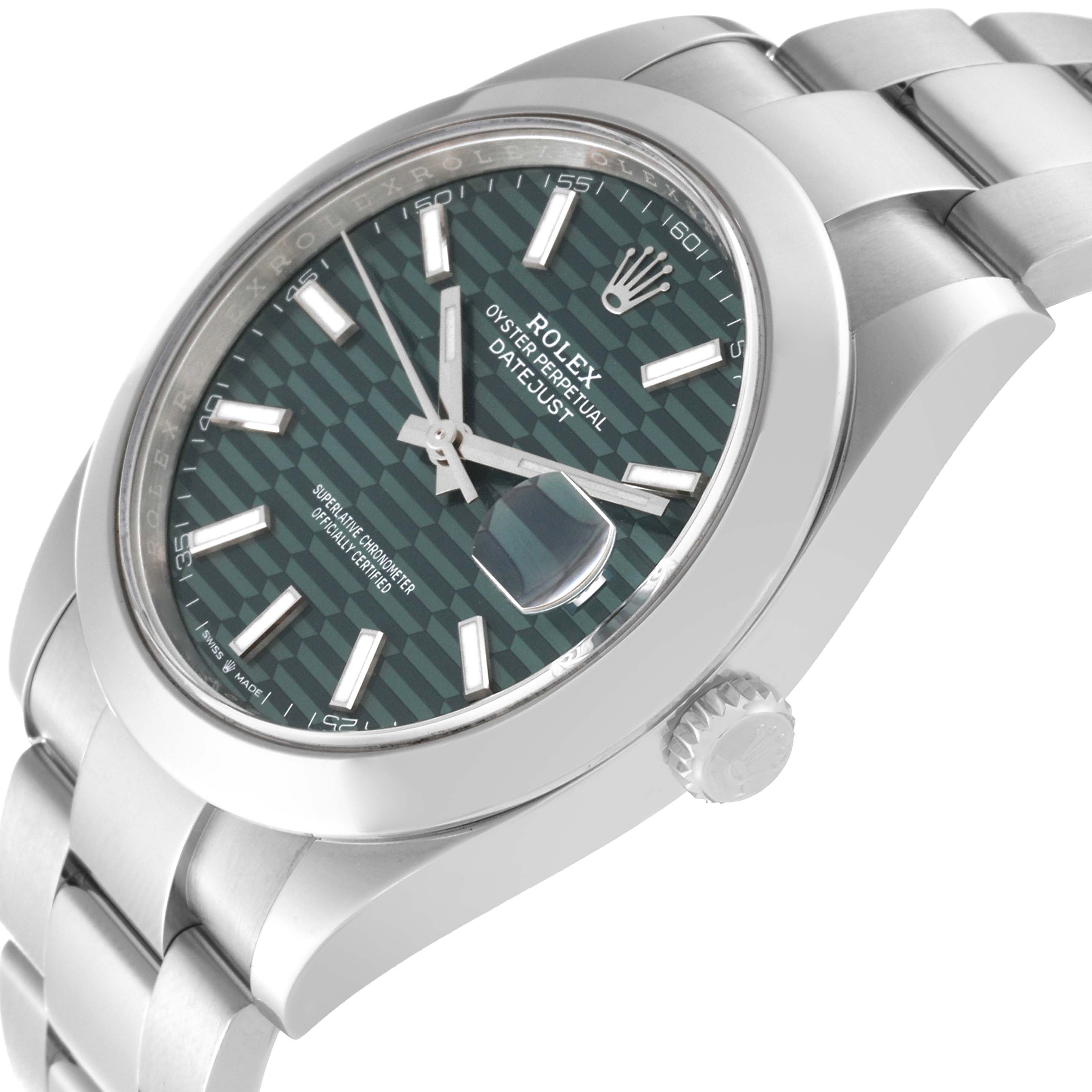This image shows an angled view of the Rolex Datejust 41 126300 Men's Stainless Steel Green Dial 126300 Men's Stainless Steel Green Dial watch, displaying the face, crown, and part of the bracelet.
