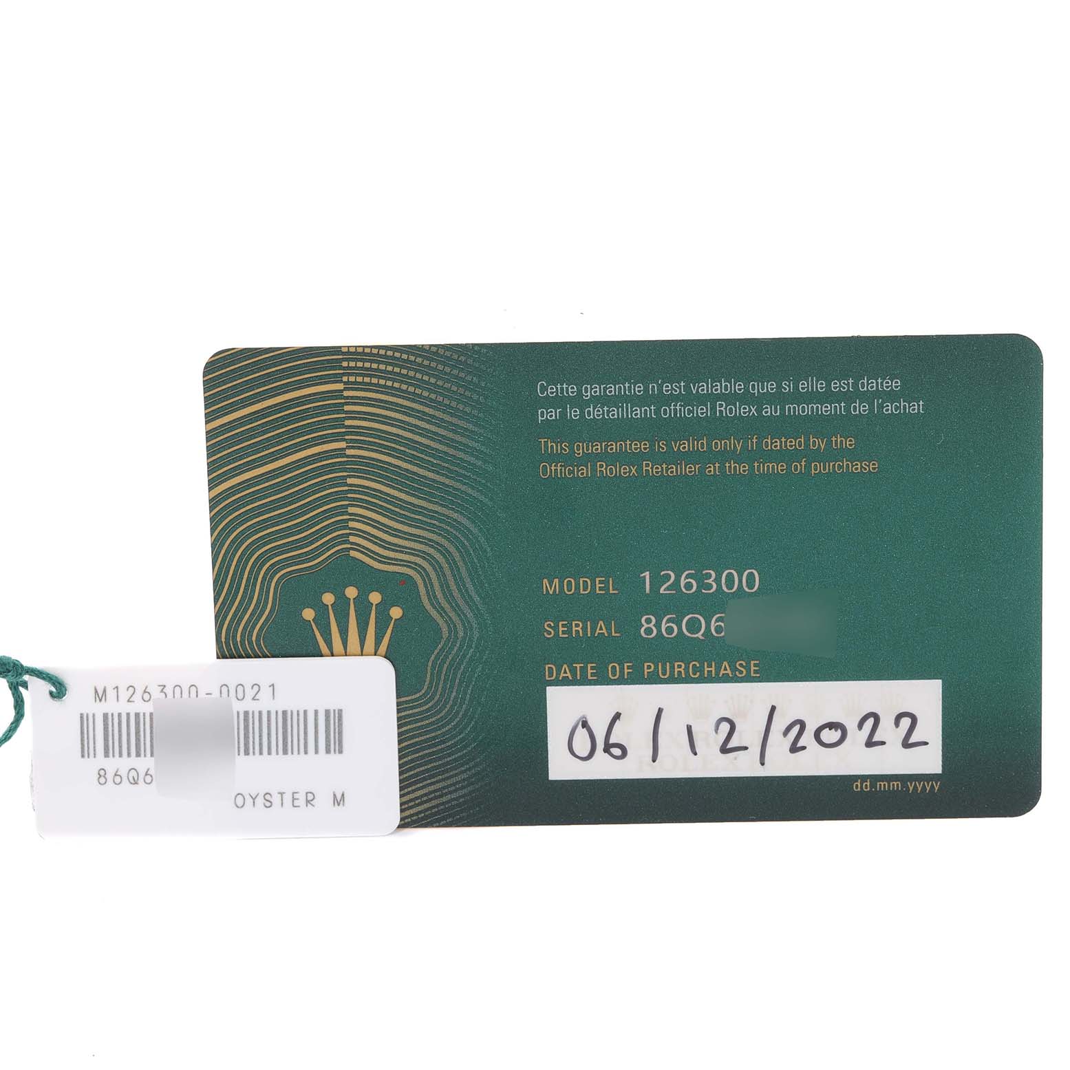 This image shows the guarantee card for a Rolex Datejust 41 126300 Men's Stainless Steel Green Dial 126300 Men's Stainless Steel Green Dial model as well as a barcode tag.