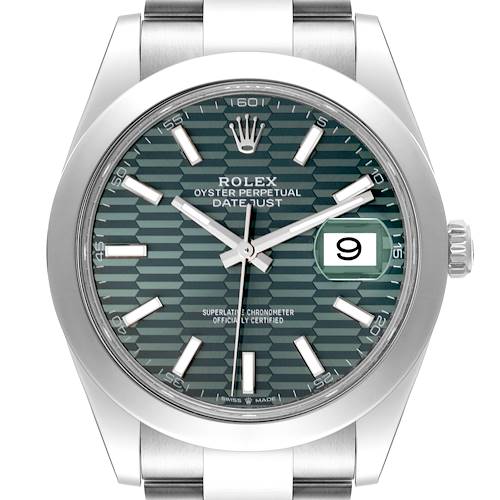 The image shows a front view of the Rolex Datejust 41 watch, highlighting its dial, bezel, crown, and part of the bracelet.