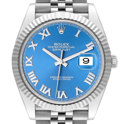 This image shows the face of a Rolex Datejust 41 watch, highlighting its blue dial, Roman numerals, and date window.