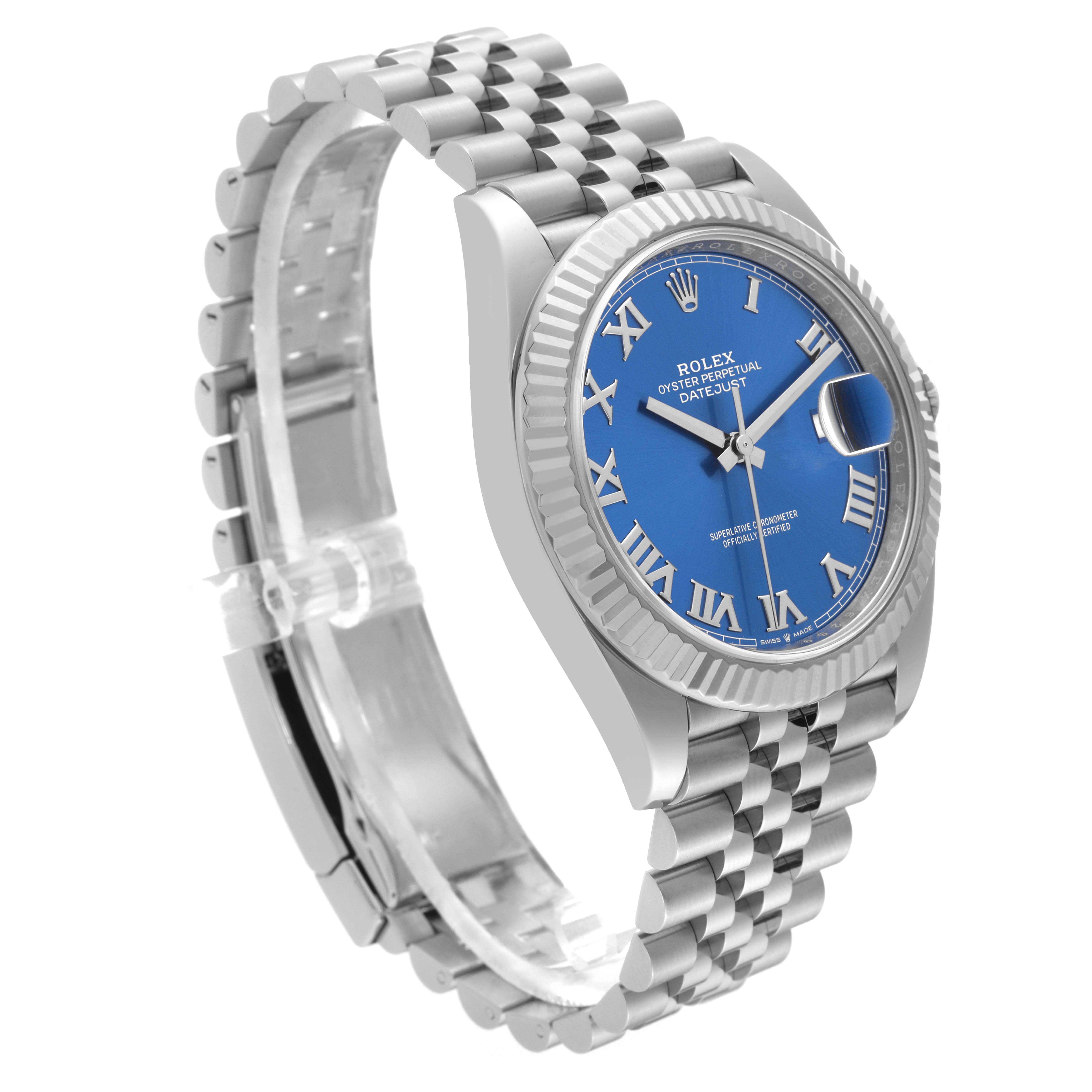 The Rolex Datejust 41 126334 Men
s Stainless Steel Blue Dial 126334 Men
s Stainless Steel Blue Dial watch is shown at a front-right angle, highlighting its blue dial, Roman numerals, and Jubilee bracelet.