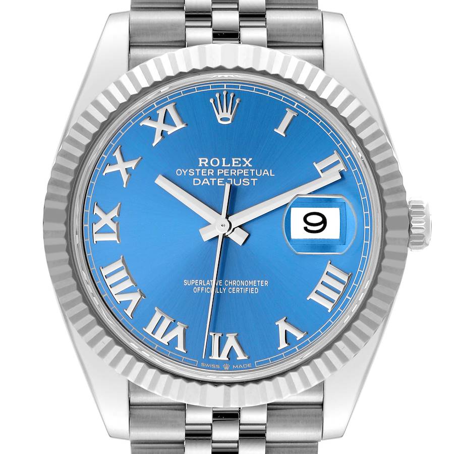 The image shows a front view of the Rolex Datejust 41 watch, highlighting its blue dial, Roman numerals, and date display.