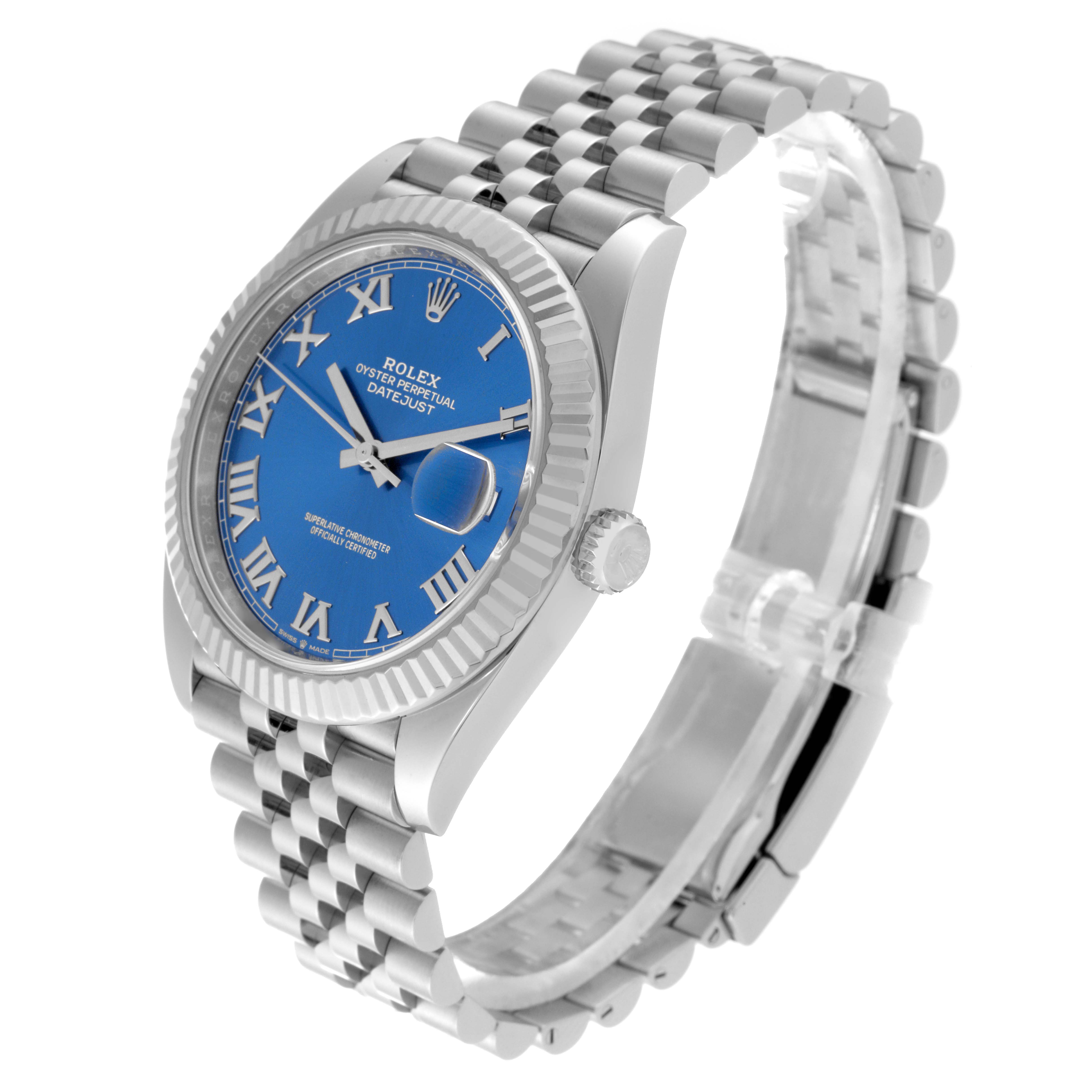 The Rolex Datejust 41 126334 Men
s Stainless Steel Blue Dial 126334 Men
s Stainless Steel Blue Dial model is shown at a slight angle, highlighting the blue dial, fluted bezel, and Jubilee bracelet.