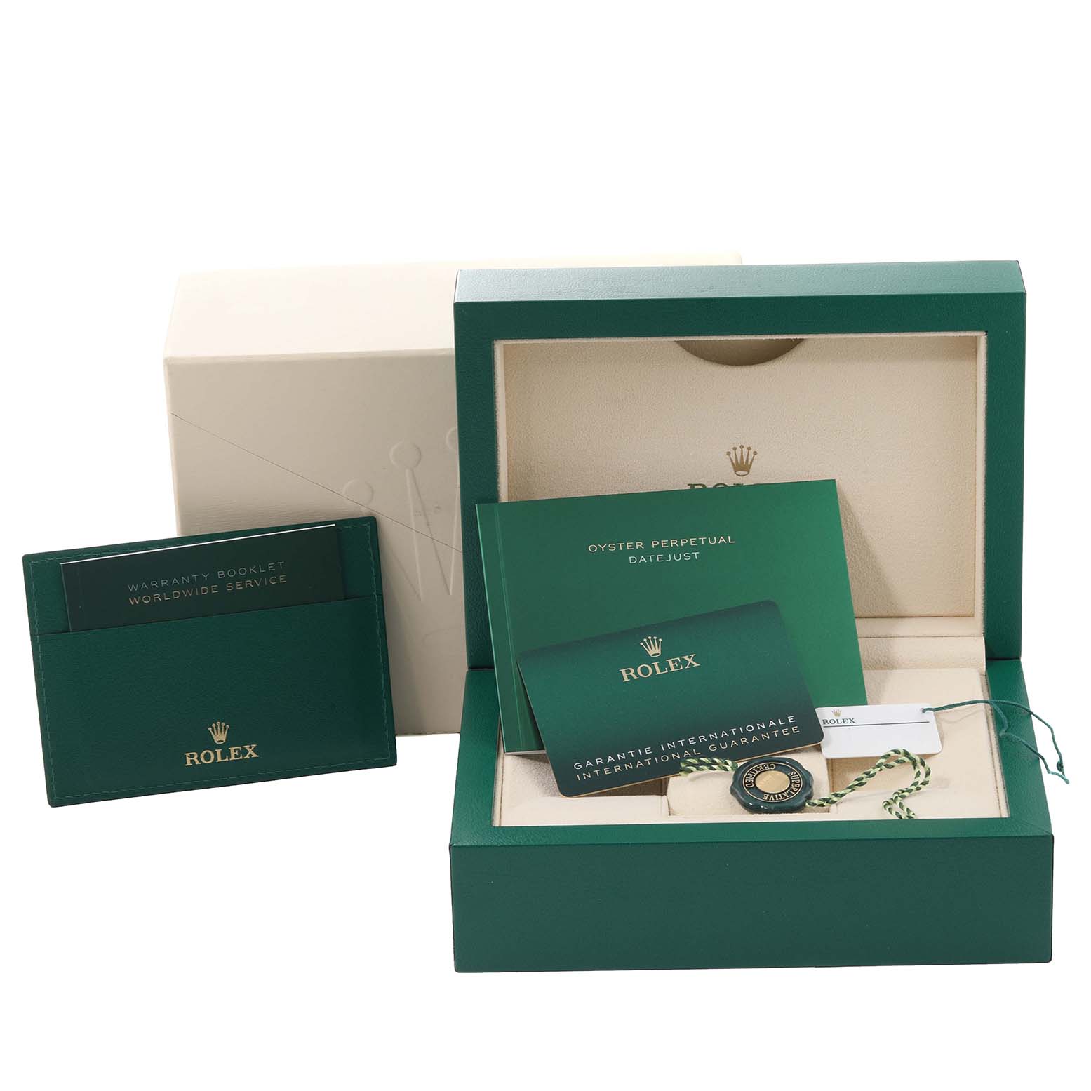 The image shows the packaging, warranty booklet, guarantee card, and tags for the Rolex Datejust 41 126334 Men
s Stainless Steel Blue Dial 126334 Men
s Stainless Steel Blue Dial model.