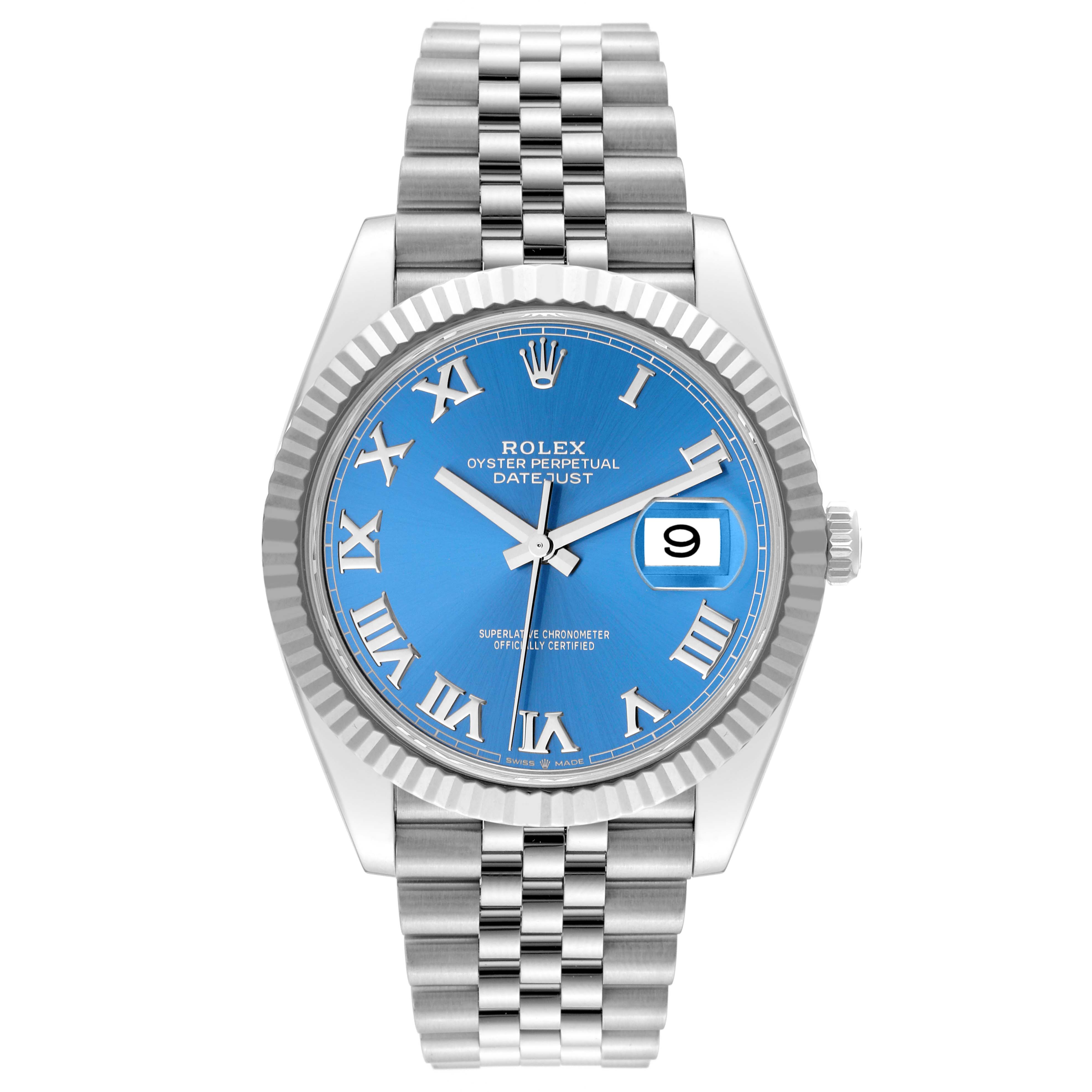This image shows a frontal view of a Rolex Datejust 41 126334 Men
s Stainless Steel Blue Dial 126334 Men
s Stainless Steel Blue Dial wristwatch with a blue dial and Jubilee bracelet.