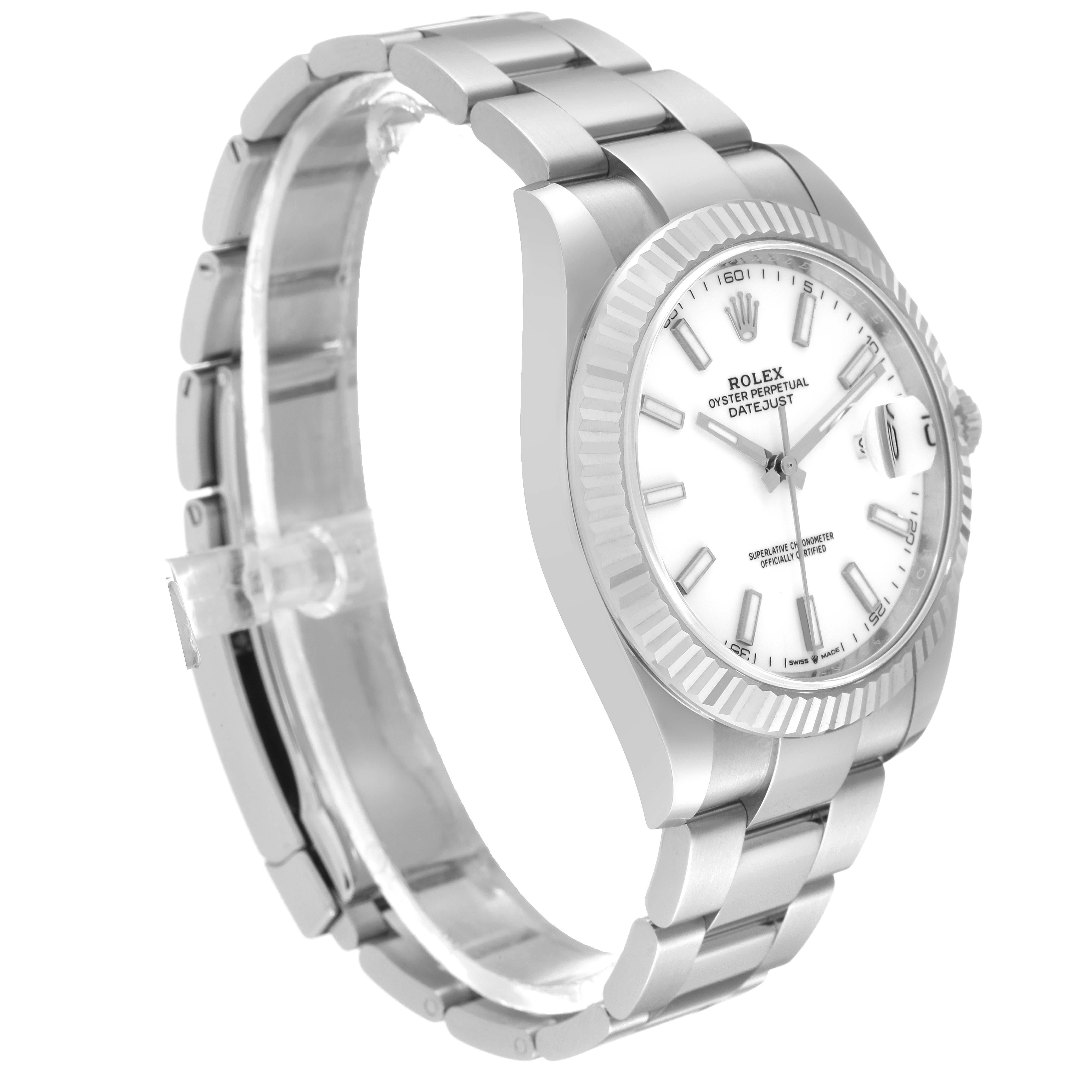 The image shows a side and slightly angled front view of a Rolex Datejust 41 126334 Men's Stainless Steel White Dial 126334 Men's Stainless Steel White Dial watch, featuring the dial and part of the bracelet.