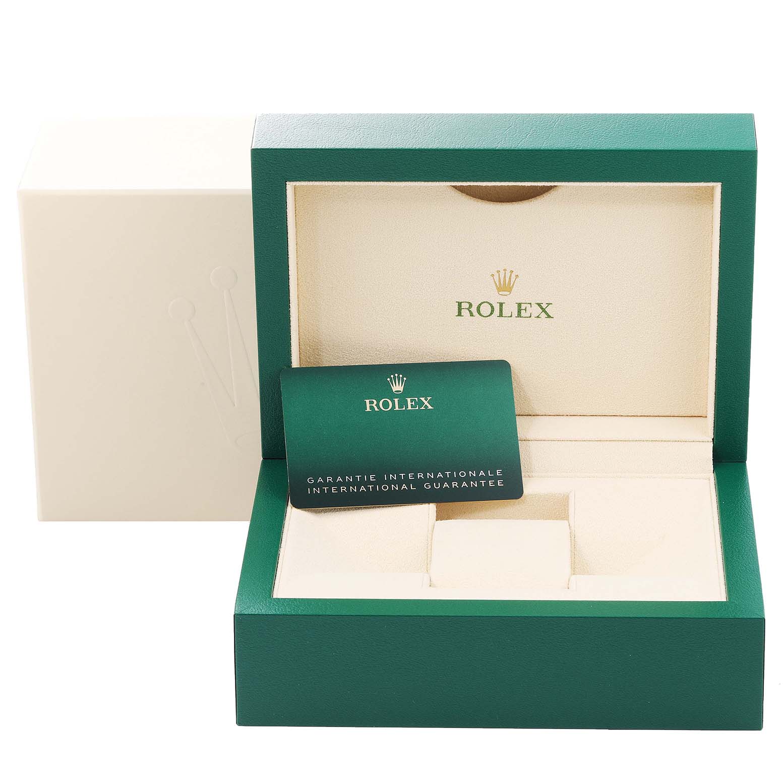 The image shows the box and international guarantee card for a Rolex Datejust 41 126334 Men's Stainless Steel White Dial 126334 Men's Stainless Steel White Dial watch, with the box lid open.