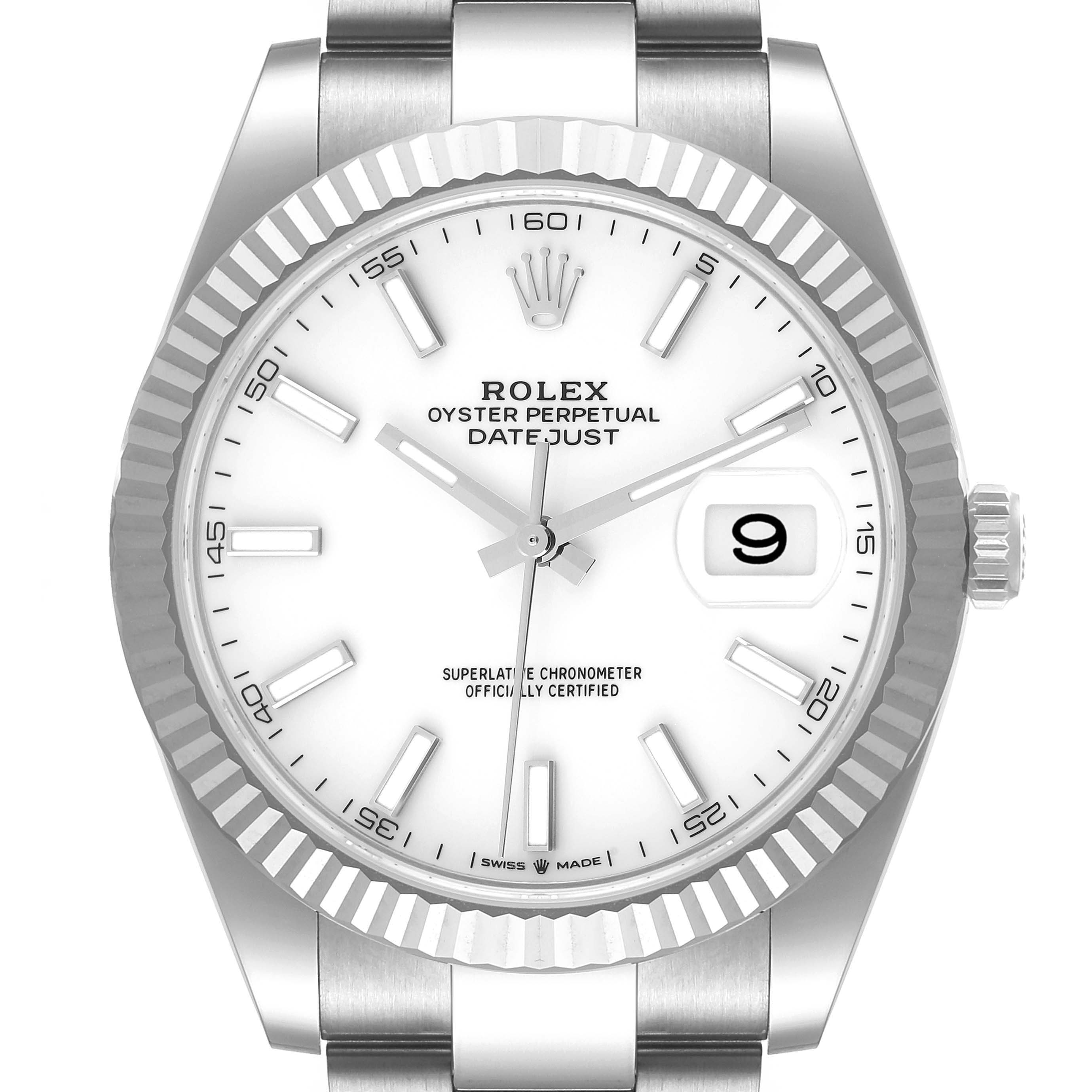 The image shows a front view of the Rolex Datejust 41 126334 Men's Stainless Steel White Dial 126334 Men's Stainless Steel White Dial, displaying its white dial, fluted bezel, and the date window at 3 o'clock.
