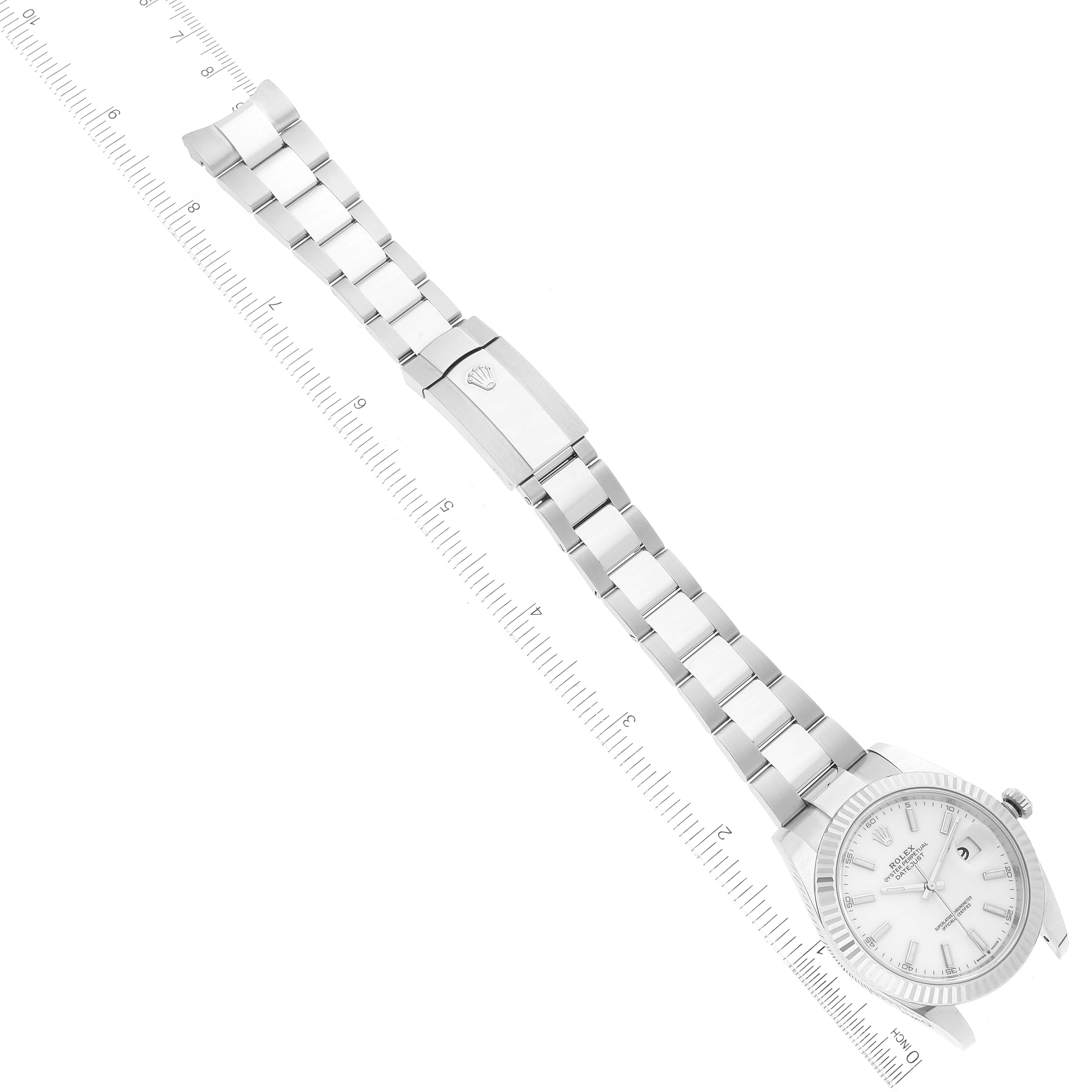 This image displays the full Rolex Datejust 41 126334 Men's Stainless Steel White Dial 126334 Men's Stainless Steel White Dial watch laid flat, showcasing the dial, bracelet, and clasp from a top-down angle.