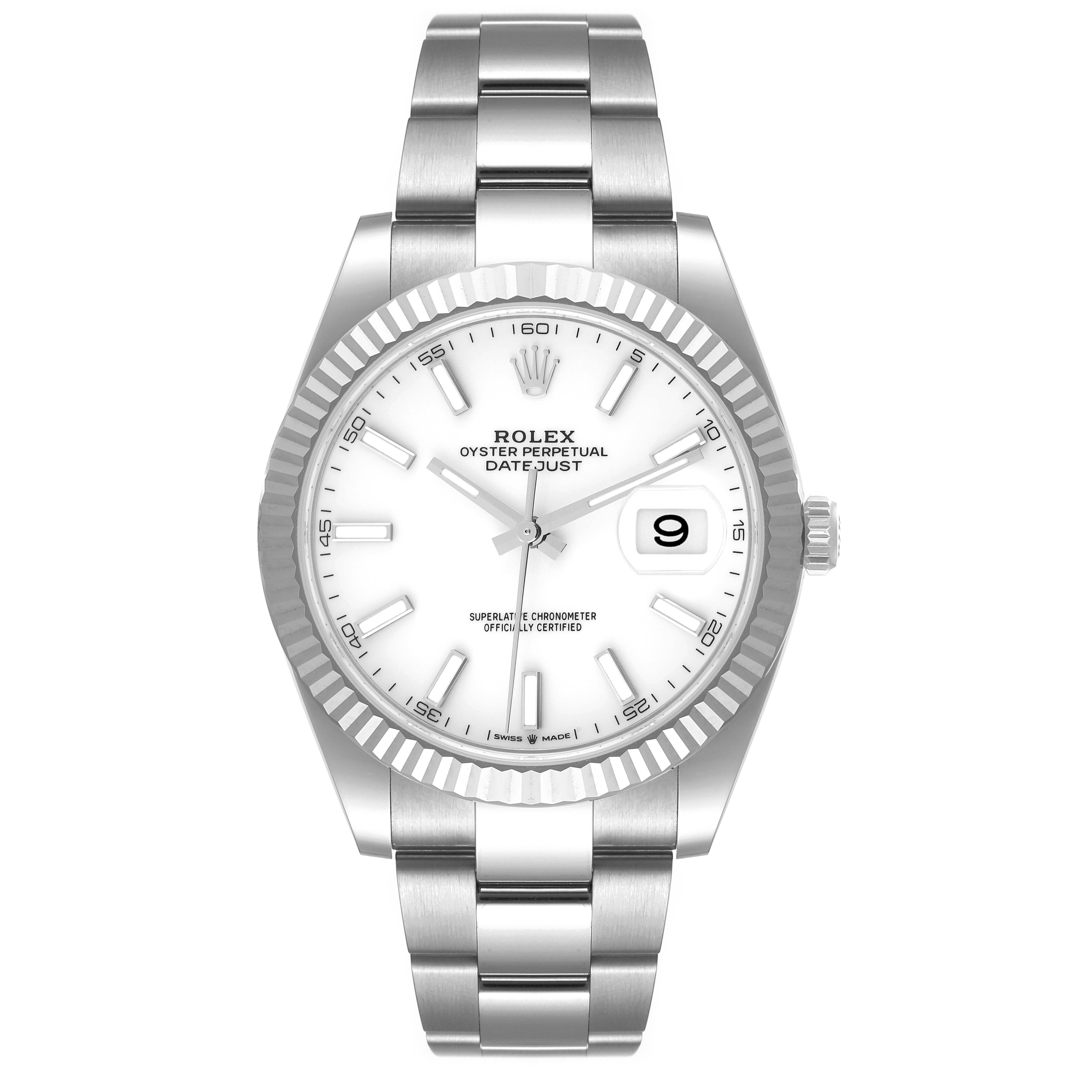 The image shows a front view of a Rolex Datejust 41 126334 Men's Stainless Steel White Dial 126334 Men's Stainless Steel White Dial watch, highlighting its face, bezel, and bracelet.