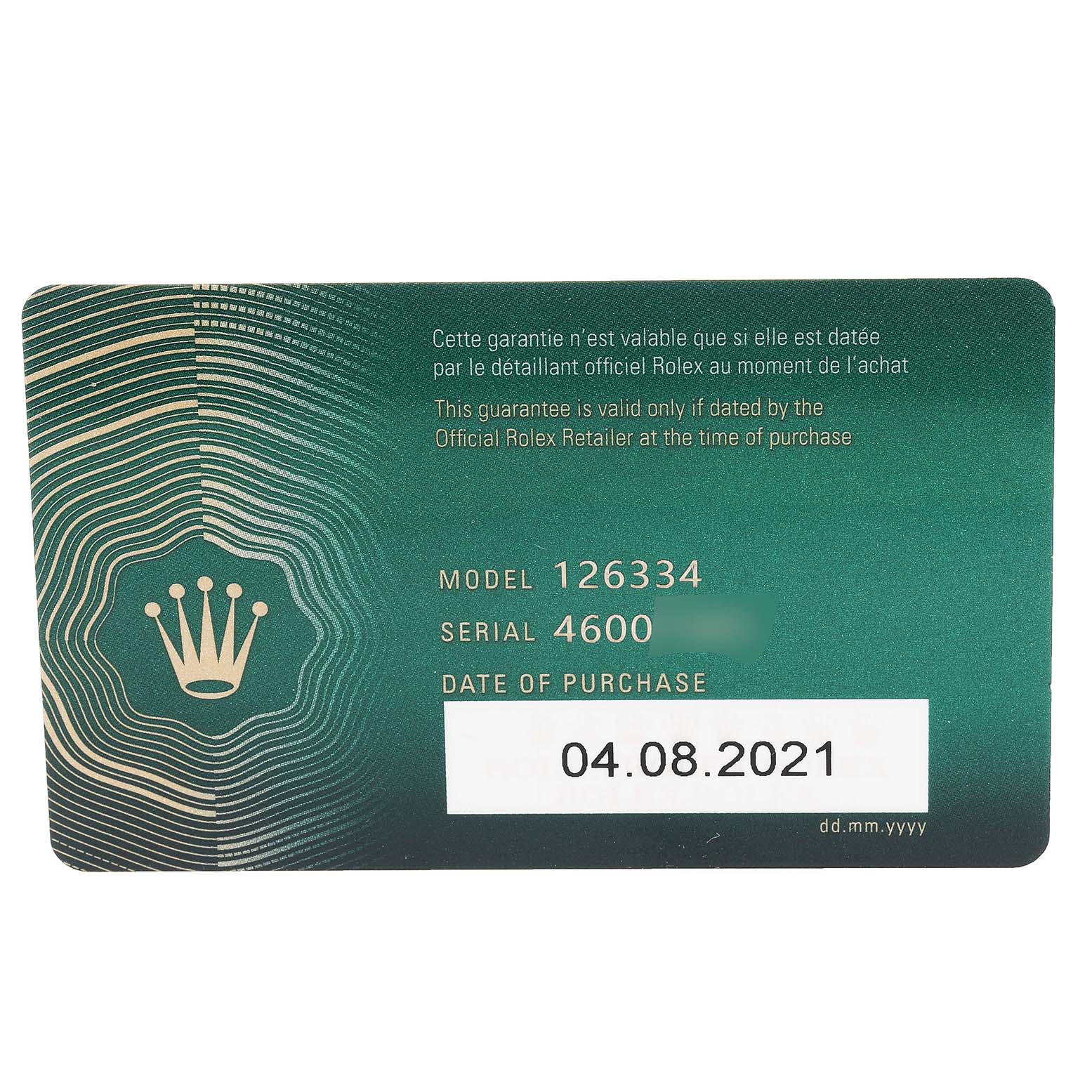 This is the guarantee card for the Rolex Datejust 41 126334 Men's Stainless Steel White Dial 126334 Men's Stainless Steel White Dial model, showing the model number, serial number, and purchase date.