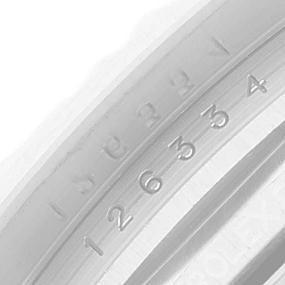 The image shows a close-up angle of the outer bezel and the engraved serial numbers of a Rolex Datejust 41 126334 Men's Stainless Steel White Dial 126334 Men's Stainless Steel White Dial watch.