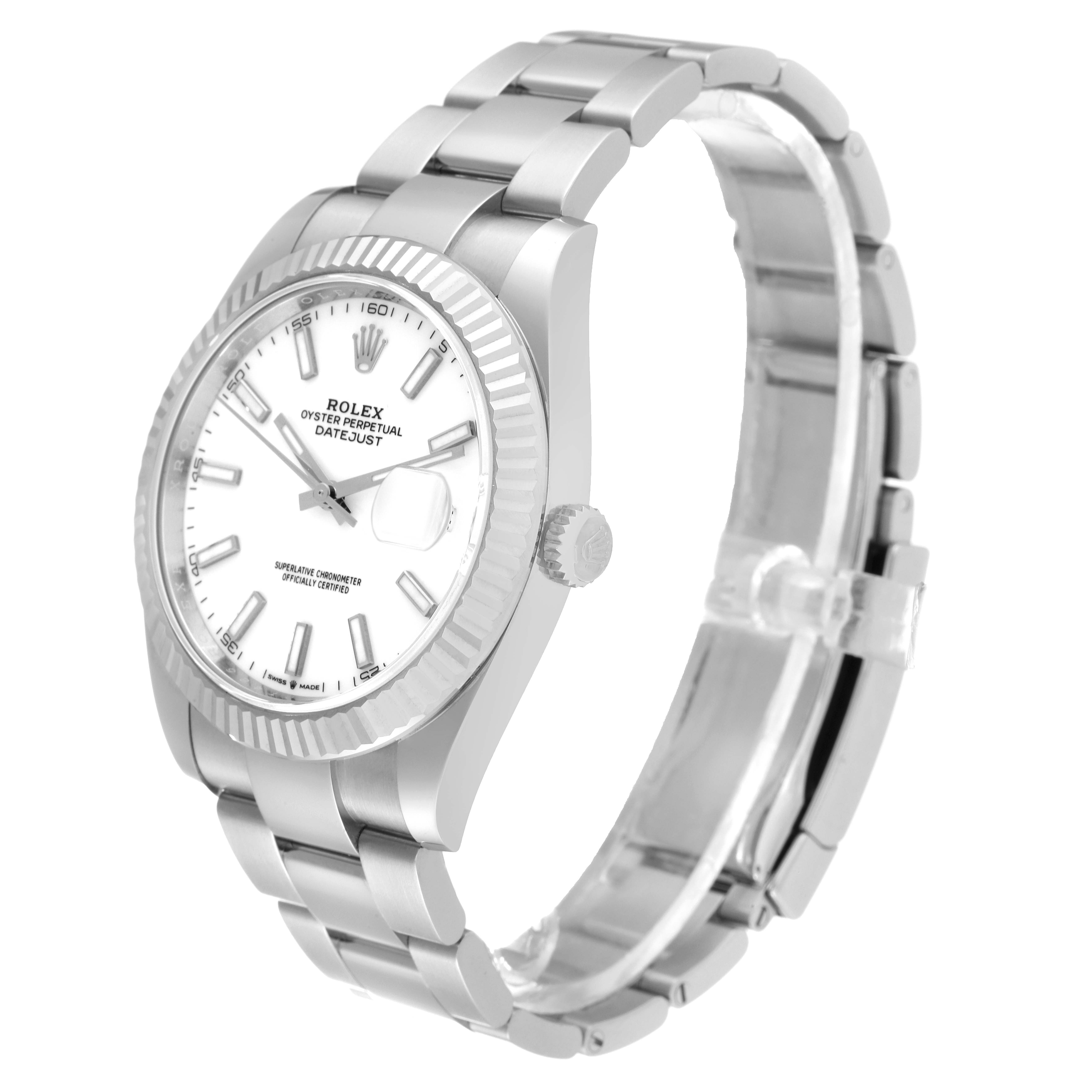 The image shows a Rolex Datejust 41 126334 Men's Stainless Steel White Dial 126334 Men's Stainless Steel White Dial watch from a front angle, highlighting its face, bezel, and bracelet.