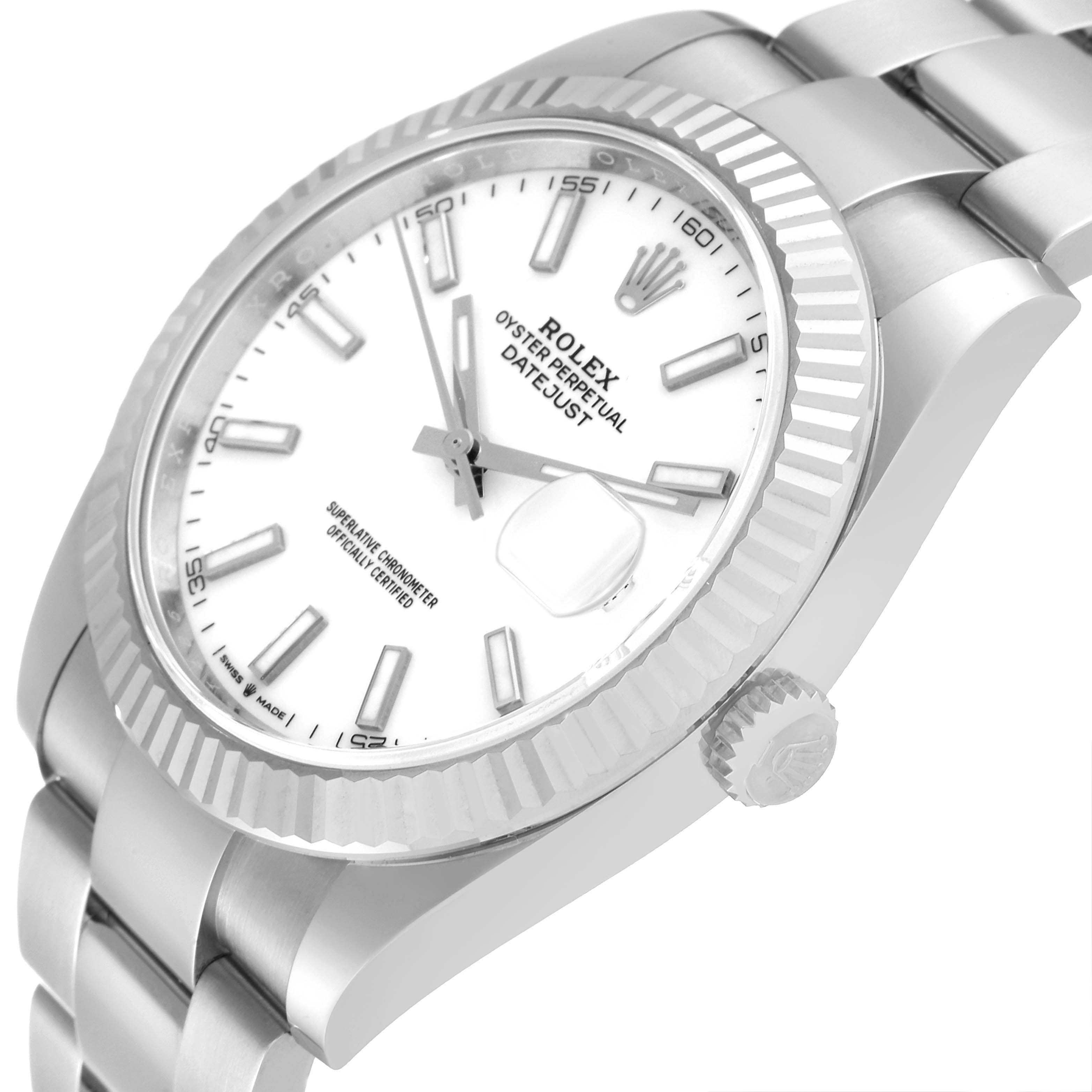 This image shows a close-up side angle of a Rolex Datejust 41 126334 Men's Stainless Steel White Dial 126334 Men's Stainless Steel White Dial, highlighting the watch face, bezel, crown, and part of the bracelet.