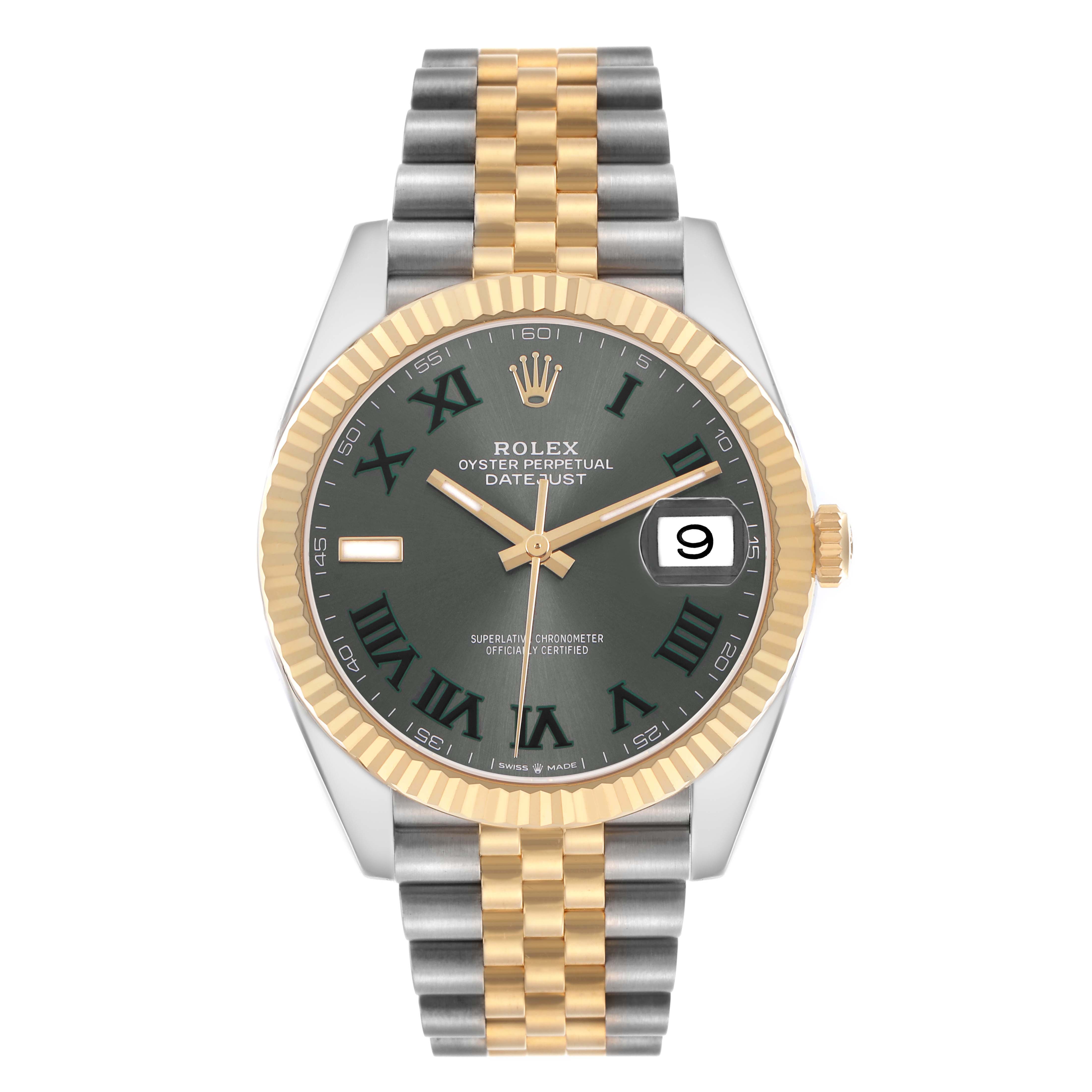 The Rolex Datejust 41 126333 Men's Steel and Gold (two tone) Grey Dial is shown from a top-down angle, displaying the dial, fluted bezel, and Jubilee bracelet.
