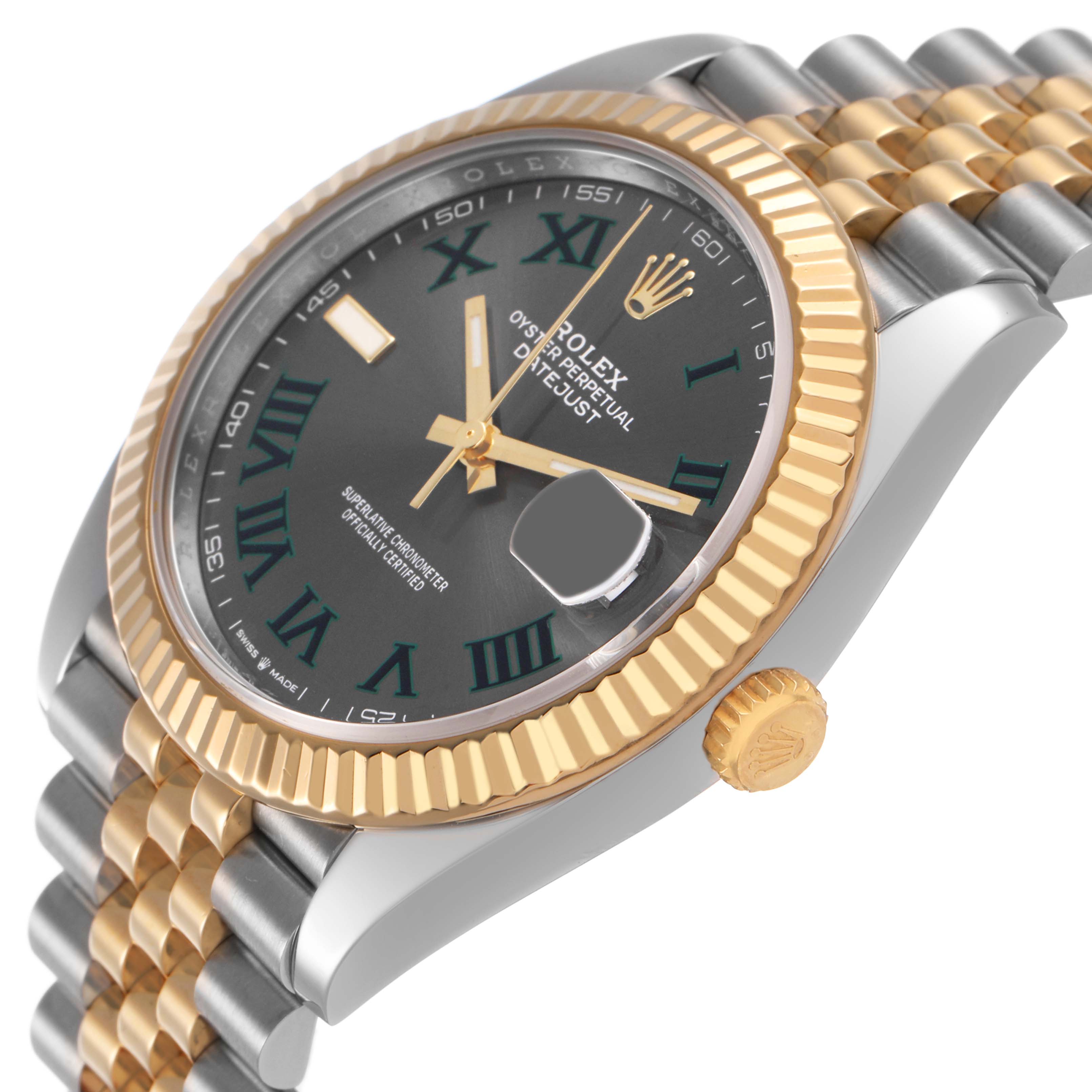 The Rolex Datejust 41 126333 Men's Steel and Gold (two tone) Grey Dial is shown at a slight angle, highlighting the fluted bezel, bracelet, crown, and dial details.