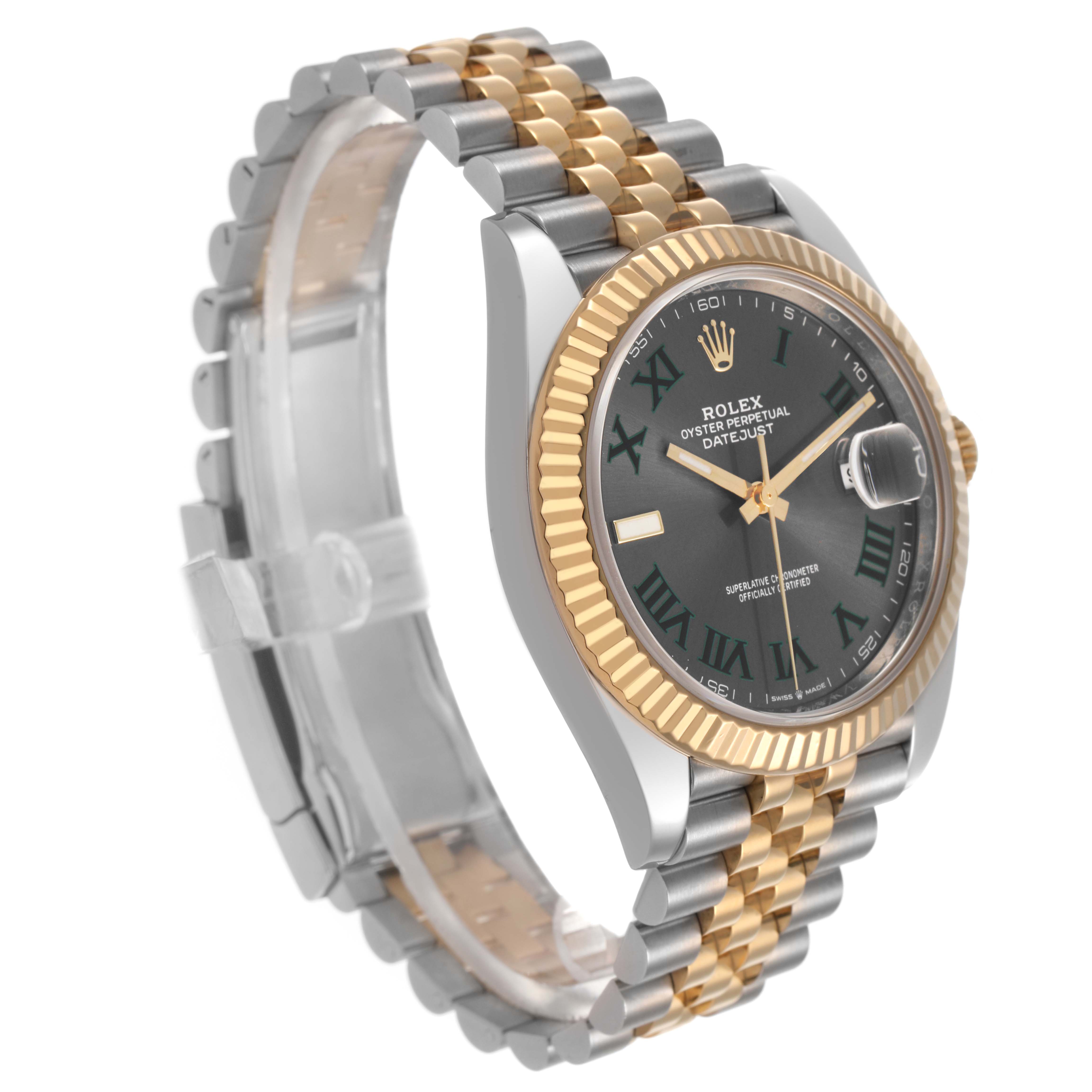 The Rolex Datejust 41 126333 Men's Steel and Gold (two tone) Grey Dial is shown at a 3/4 angle, highlighting its gold and silver jubilee bracelet, fluted bezel, and green dial.
