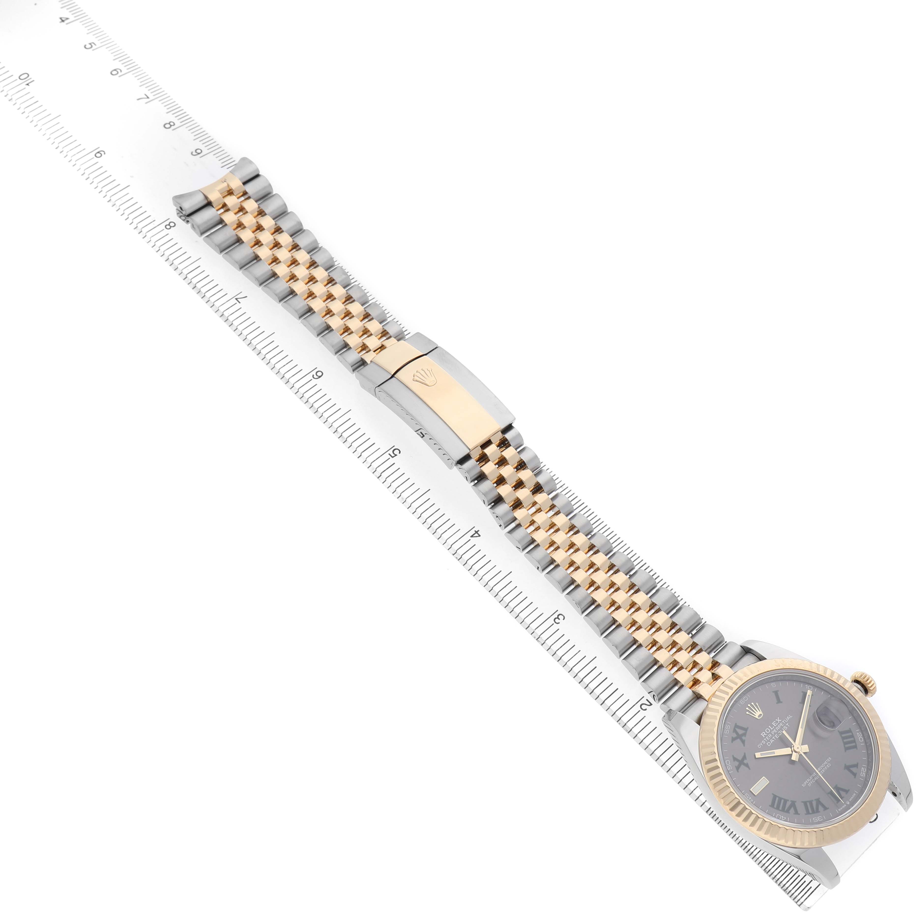 The Rolex Datejust 41 126333 Men's Steel and Gold (two tone) Grey Dial is shown at a side angle, highlighting the bracelet, clasp, and watch face.