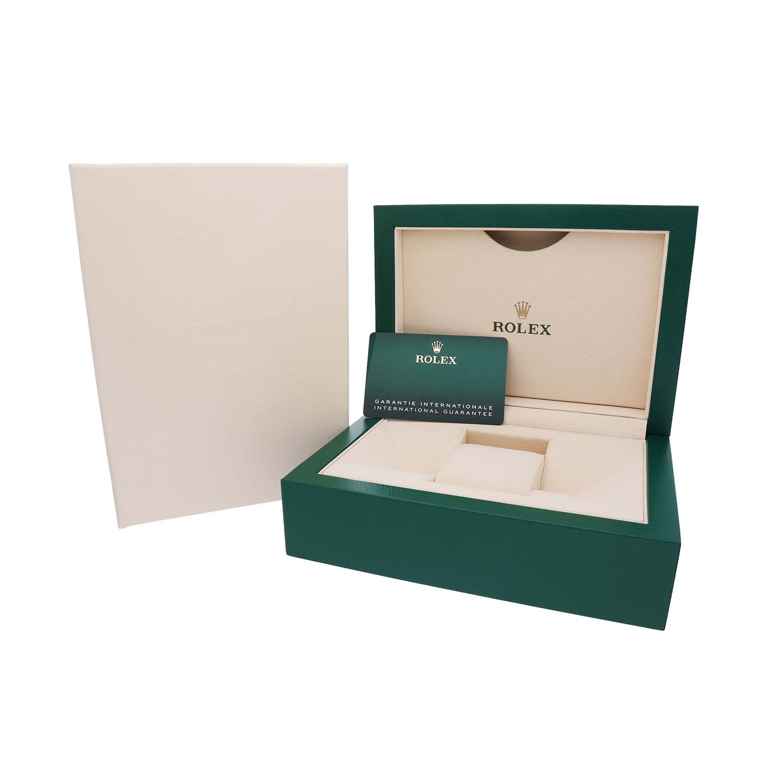 The image shows the open box and warranty card for a Rolex Datejust 41 126333 Men's Steel and Gold (two tone) Grey Dial, viewed from the front.