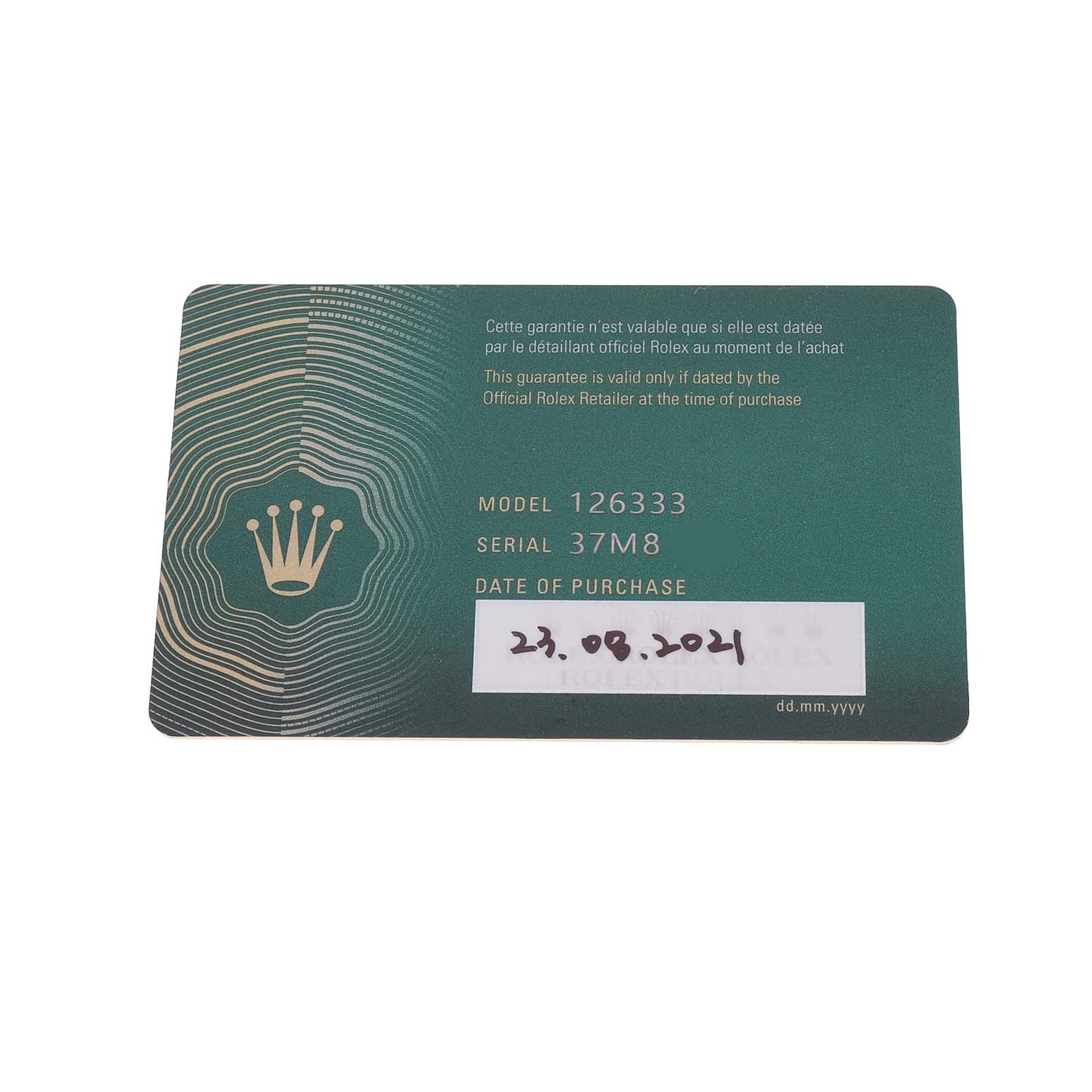 The image shows a warranty card for the Rolex Datejust 41 126333 Men's Steel and Gold (two tone) Grey Dial model, displaying model and serial numbers.