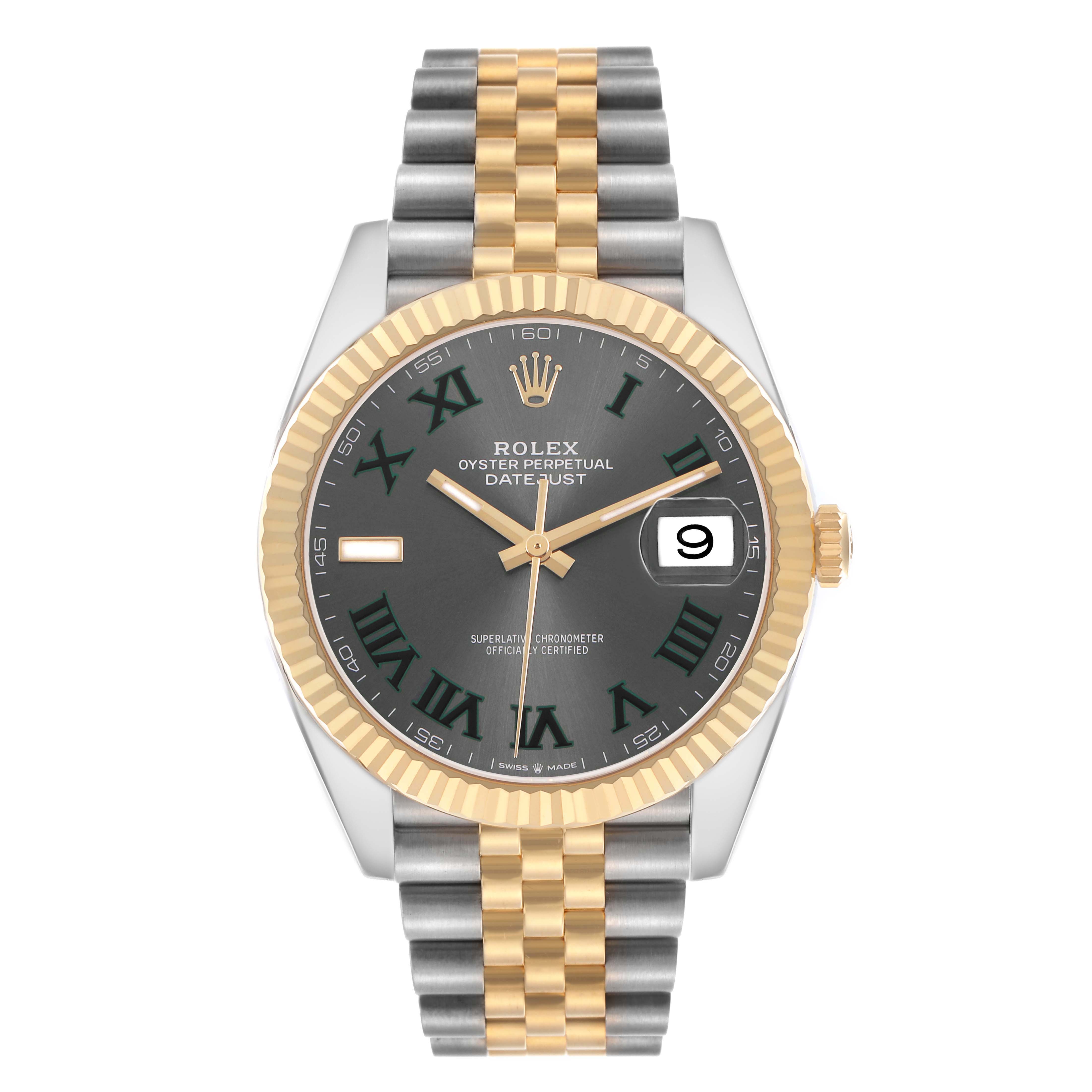 The Rolex Datejust 41 126333 Men's Steel and Gold (two tone) Grey Dial is shown in a direct front view, displaying the dial, fluted bezel, two-tone bracelet, and date window.