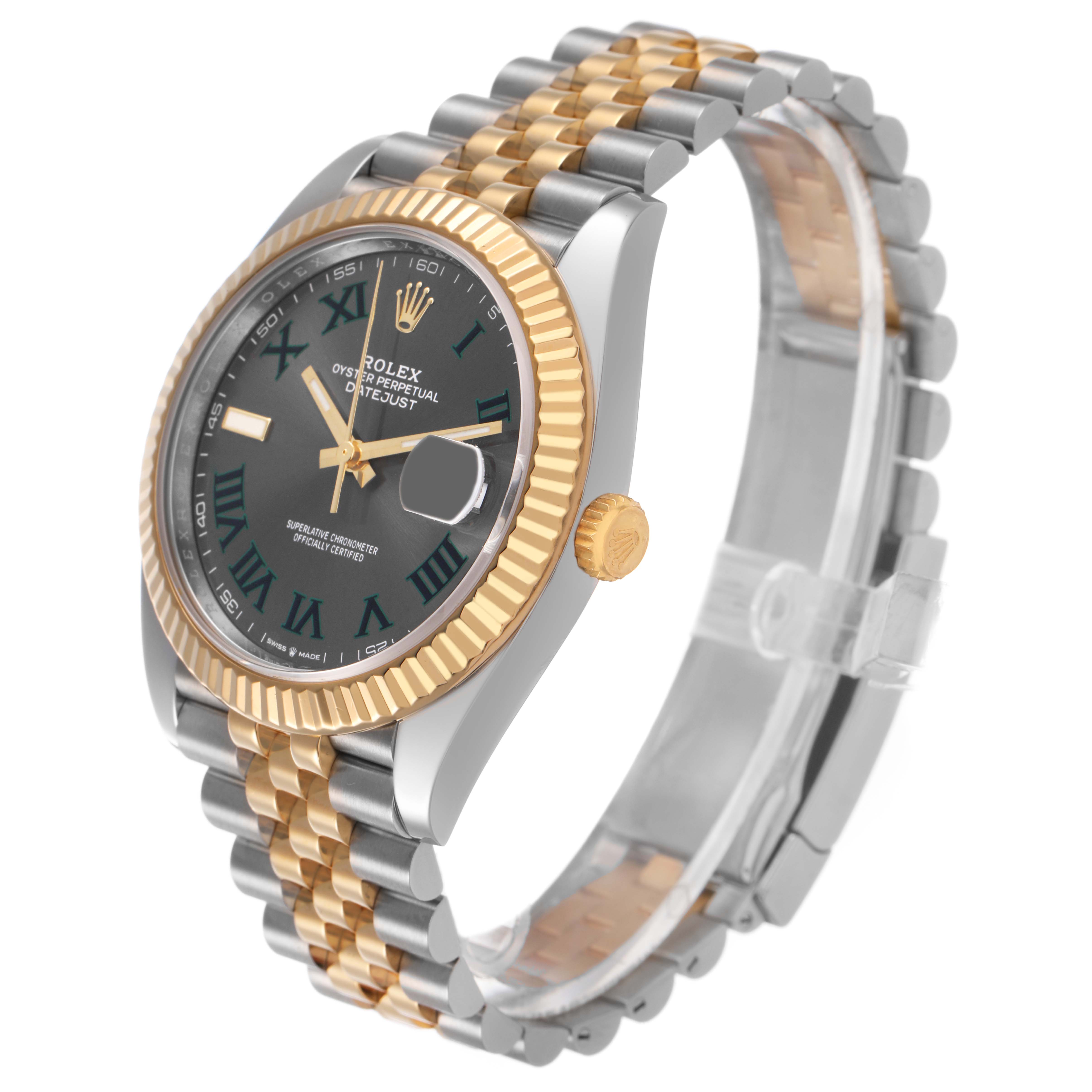 The Rolex Datejust 41 126333 Men's Steel and Gold (two tone) Grey Dial is shown at a slight angle, highlighting the dial, fluted bezel, and two-tone bracelet.