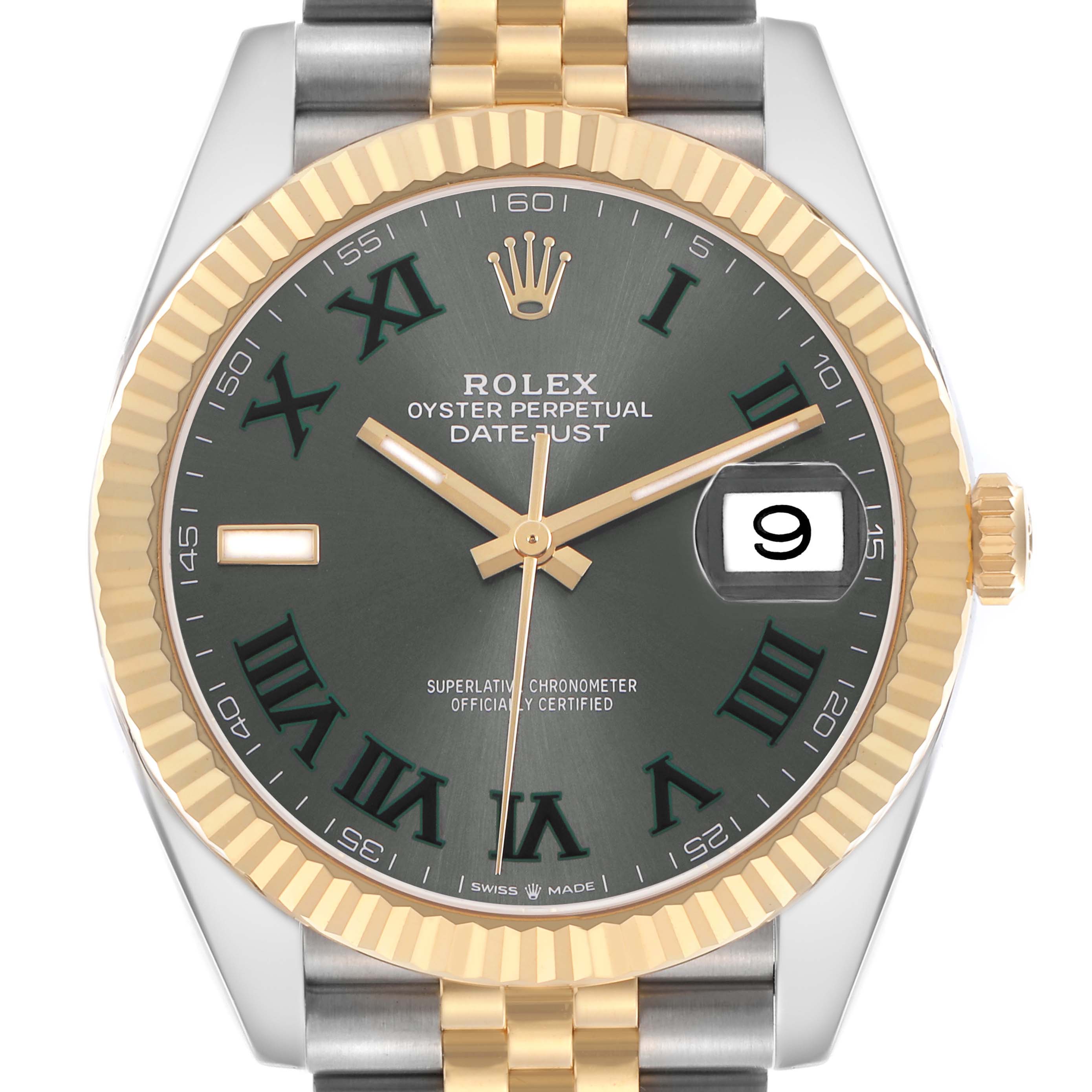 The image shows a frontal view of the Rolex Datejust 41 126333 Men's Steel and Gold (two tone) Grey Dial, highlighting the dial, bezel, and bracelet.