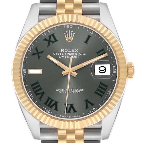 The Rolex Datejust 41 126333 Men's Steel and Gold (two tone) Grey Dial is shown from the front, highlighting a green dial, Roman numerals, gold bezel, and the date feature.