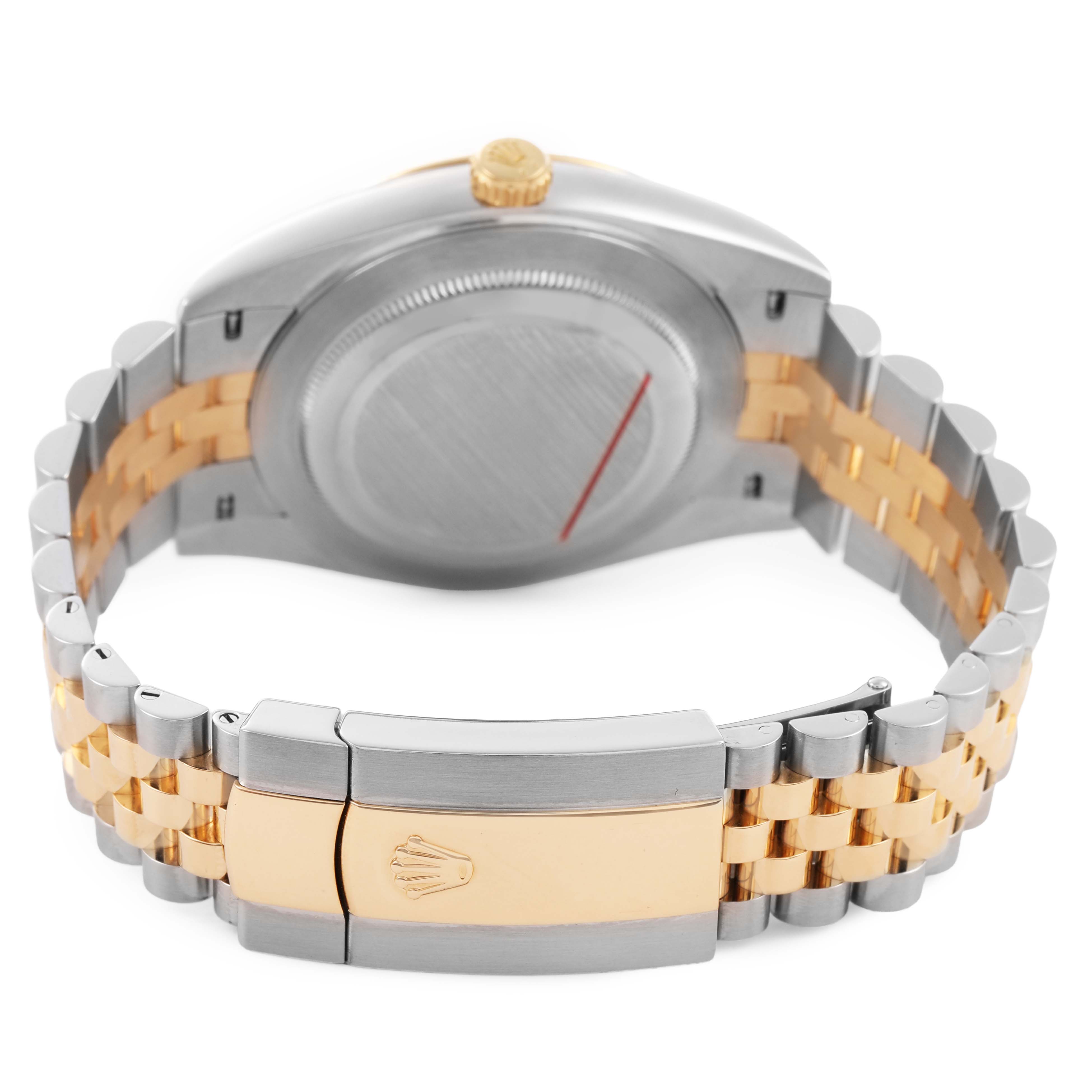 The image shows the Rolex Datejust 41 126333 Men's Steel and Gold (two tone) Grey Dial from the back, focusing on the case back, bracelet, and clasp.