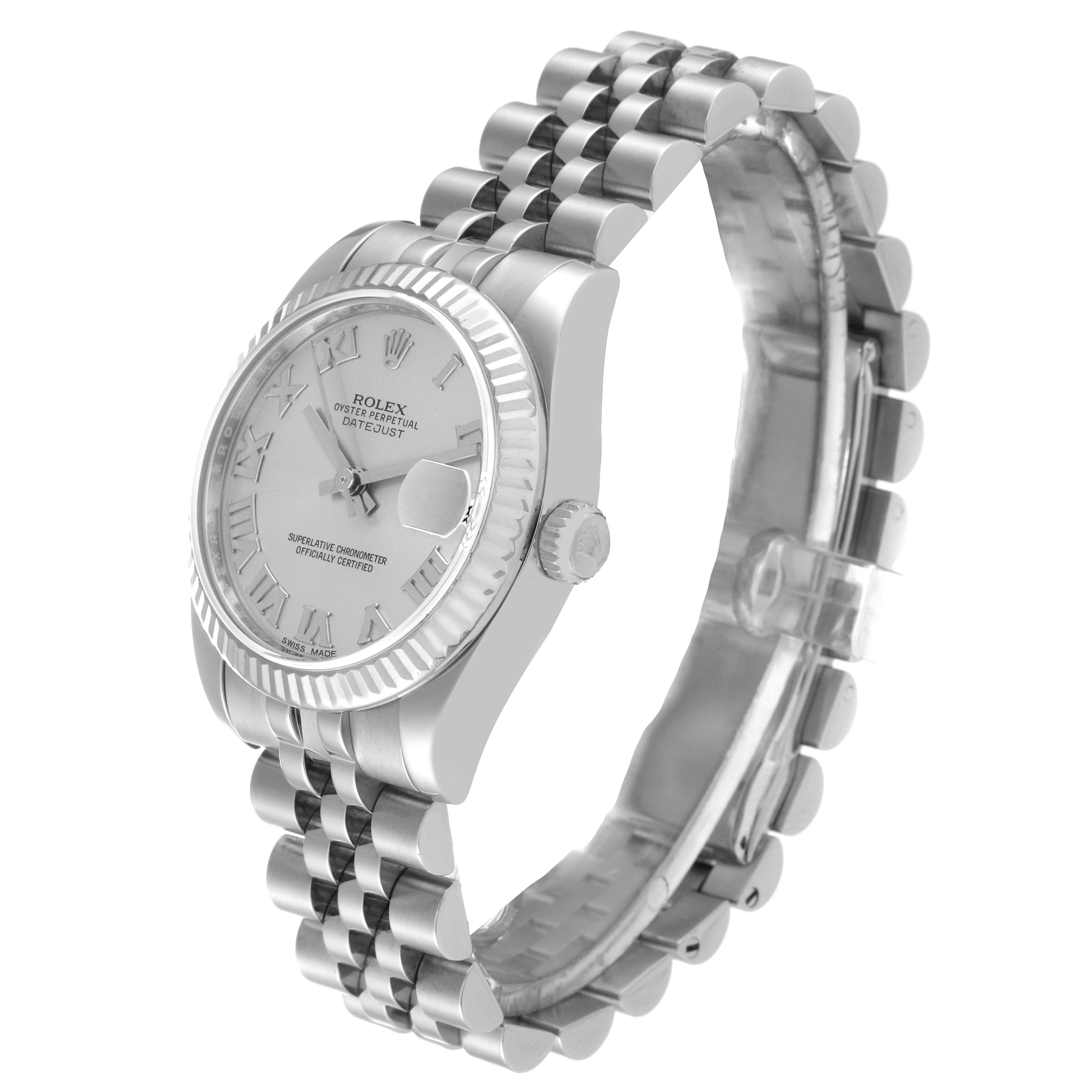 This Rolex Mid-Size 178274 Women
s Stainless Steel Silver Dial 178274 Women
s Stainless Steel Silver Dial model is shown from a side angle highlighting the face, bezel, crown, and bracelet.