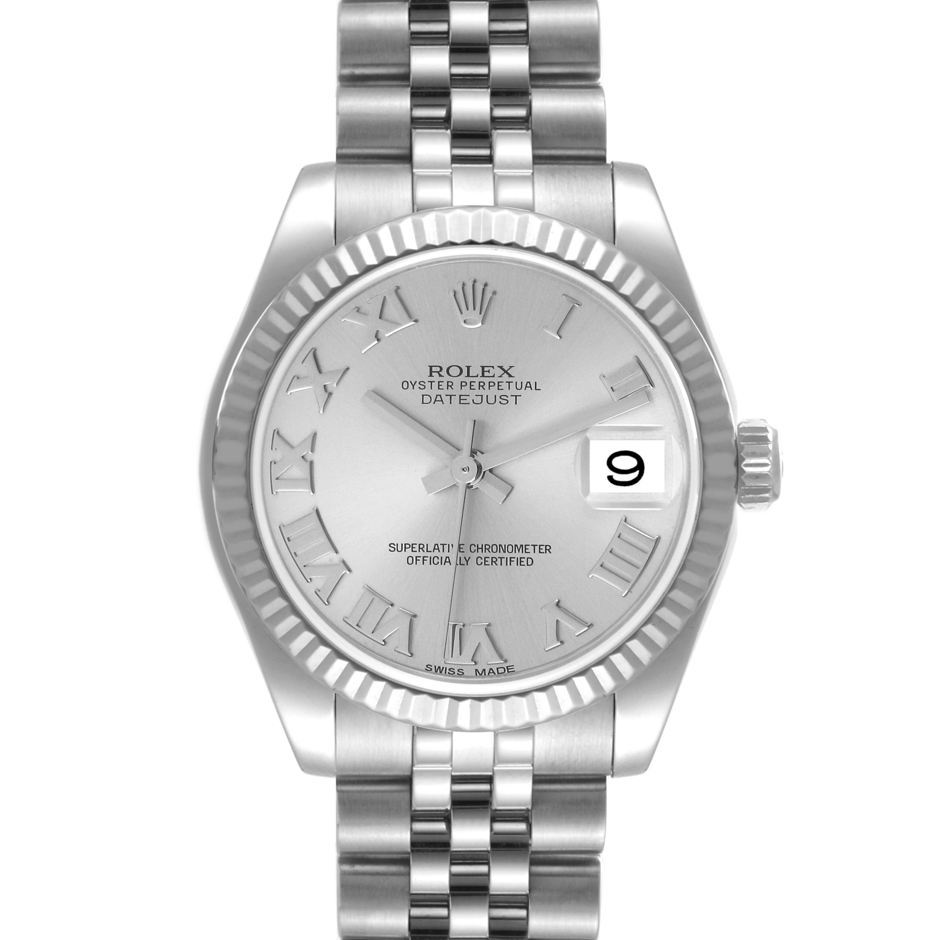 The image shows a front-facing angle of a Mid-Size Rolex Datejust watch, highlighting its silver dial, Roman numeral markers, and jubilee bracelet.