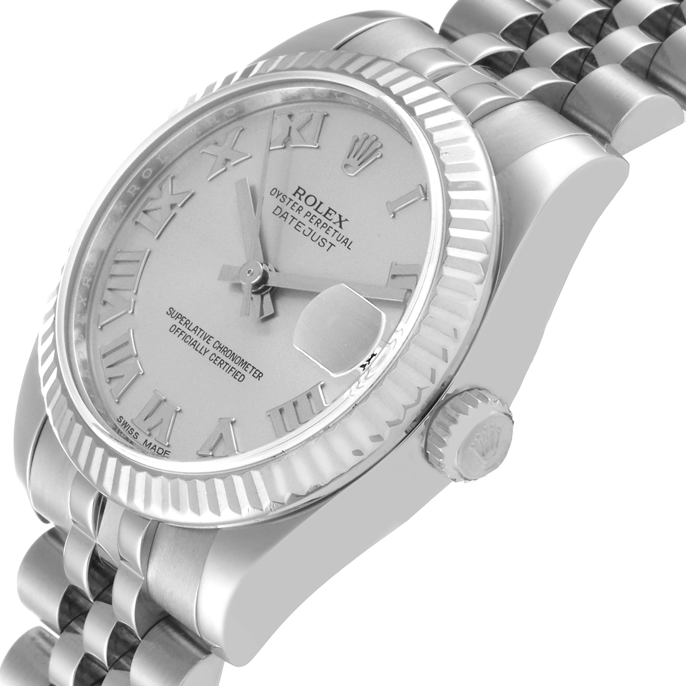 This photo of the Rolex Mid-Size 178274 Women
s Stainless Steel Silver Dial 178274 Women
s Stainless Steel Silver Dial Oyster Perpetual Datejust shows the watch face, bezel, crown, and part of the bracelet from an angled side view.