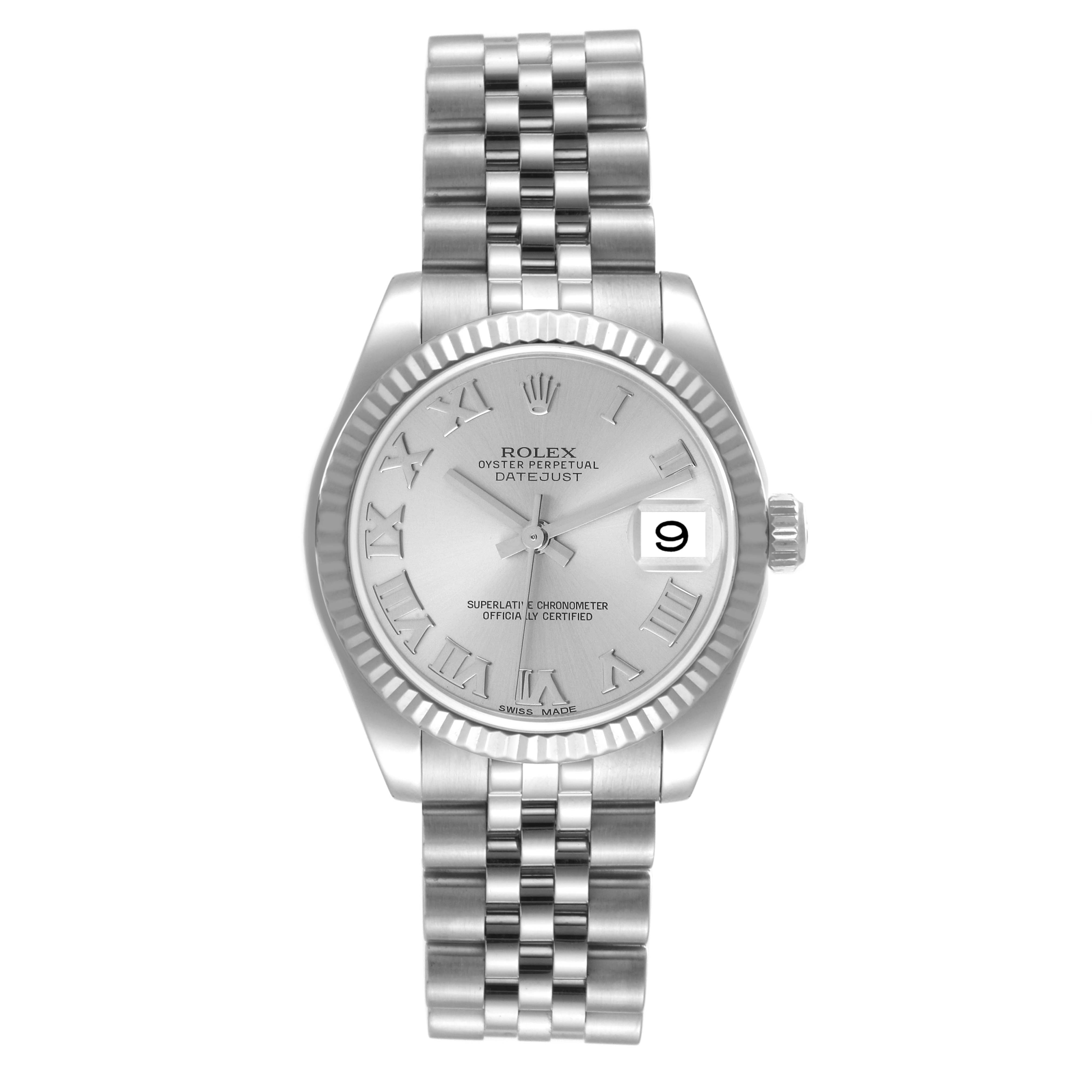 This Rolex Mid-Size 178274 Women
s Stainless Steel Silver Dial 178274 Women
s Stainless Steel Silver Dial Oyster Perpetual Datejust watch is shown from the front, displaying its dial, bezel, and bracelet.