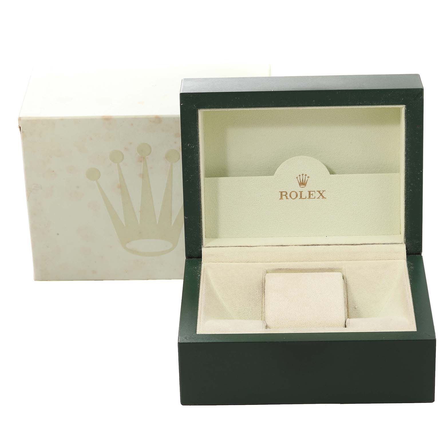 The image shows an open Rolex watch box for a Mid-Size model, with its interior and a closed outer box visible.