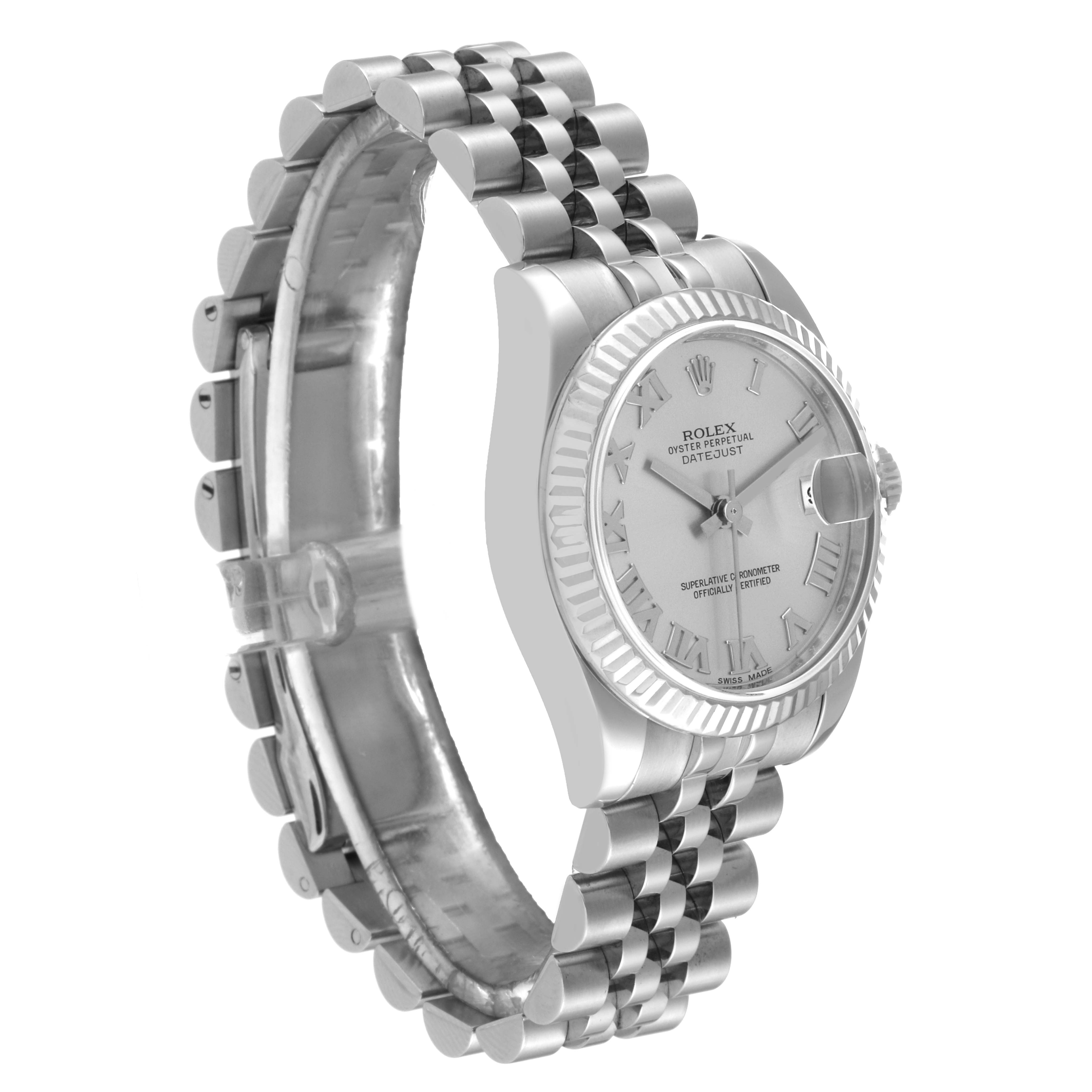 This image shows a side angle of the Rolex Mid-Size 178274 Women
s Stainless Steel Silver Dial 178274 Women
s Stainless Steel Silver Dial Oyster Perpetual Datejust, highlighting the dial, case, and bracelet.