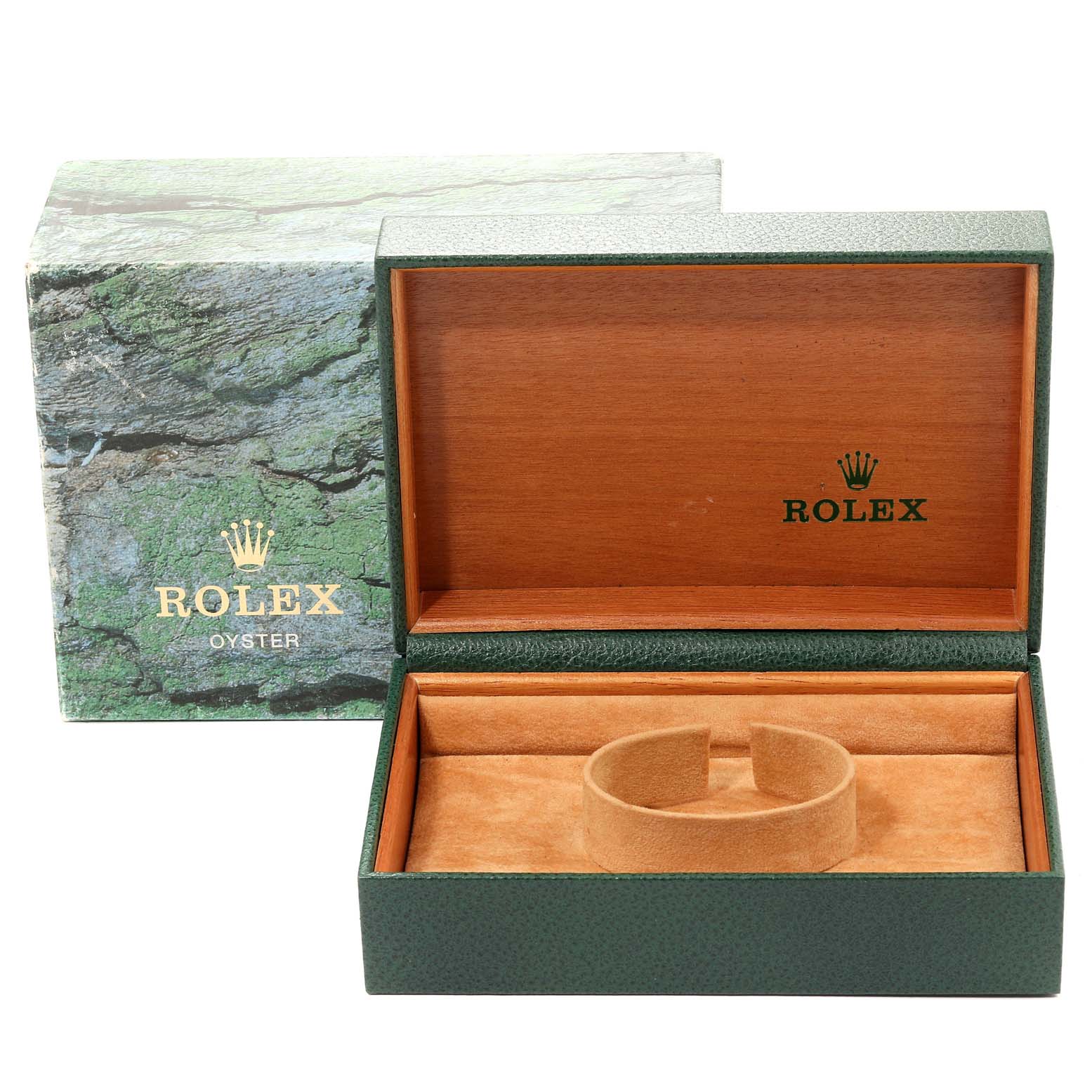 The image shows an open green presentation box along with an outer box, both branded for Rolex Datejust 68273  Women
s Steel and Gold (two tone) Champagne Dial 68273  Women
s Steel and Gold (two tone) Champagne Dial.