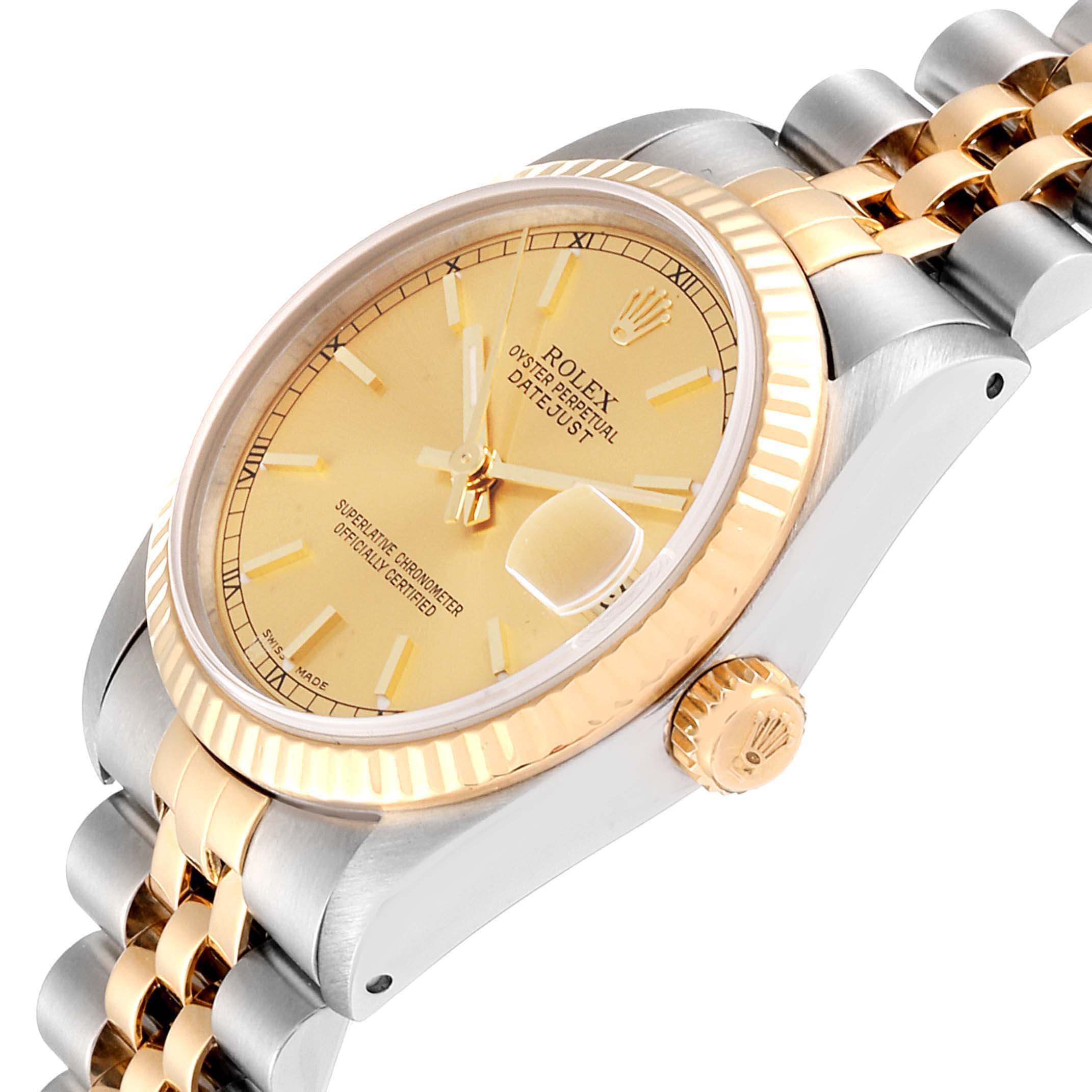 This image shows a Rolex Datejust 68273  Women
s Steel and Gold (two tone) Champagne Dial 68273  Women
s Steel and Gold (two tone) Champagne Dial watch from an angled close-up, highlighting the dial, bezel, crown, and part of the bracelet.