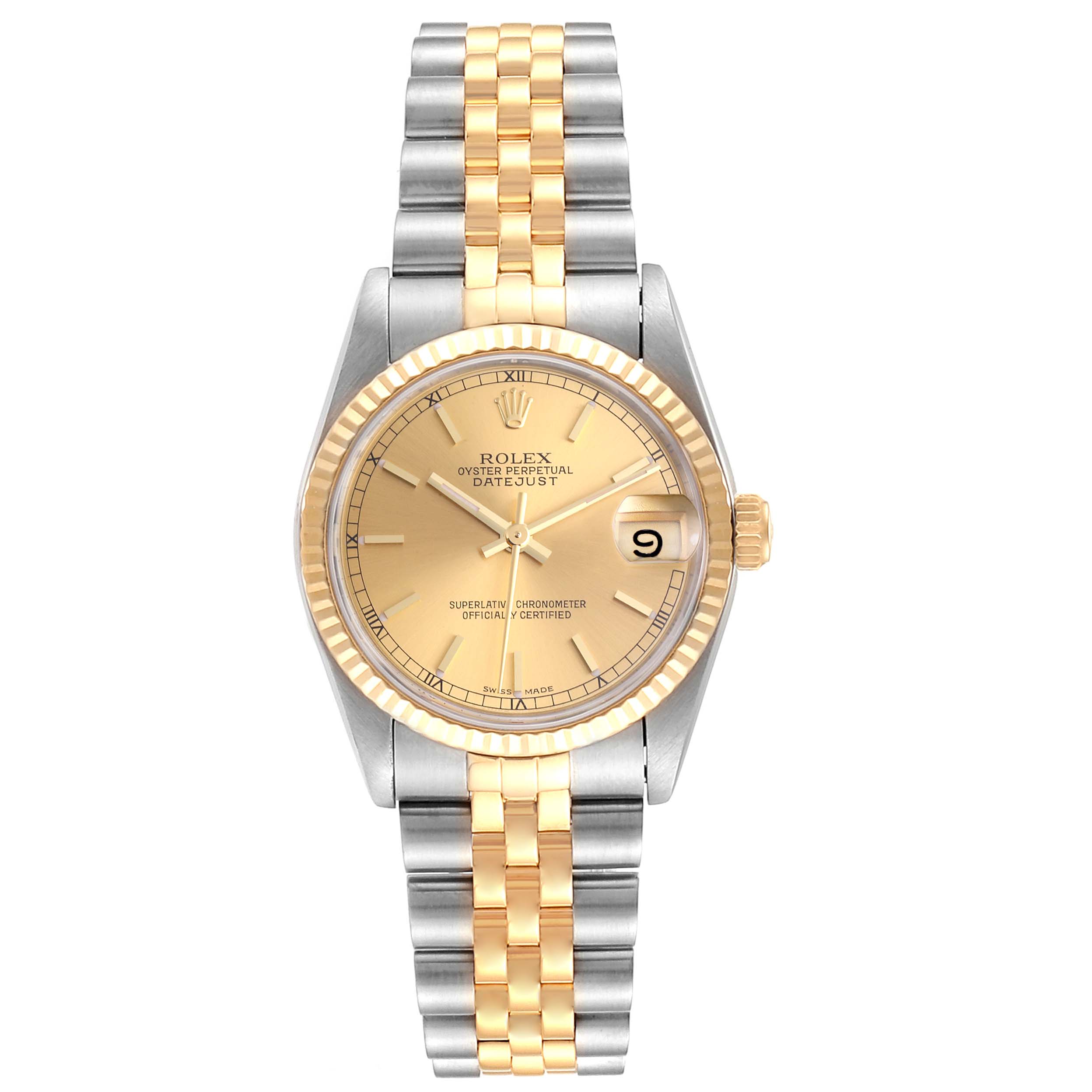 This image shows a Rolex Datejust 68273  Women
s Steel and Gold (two tone) Champagne Dial 68273  Women
s Steel and Gold (two tone) Champagne Dial watch from a front angle, highlighting its gold dial, date window, and two-tone bracelet.