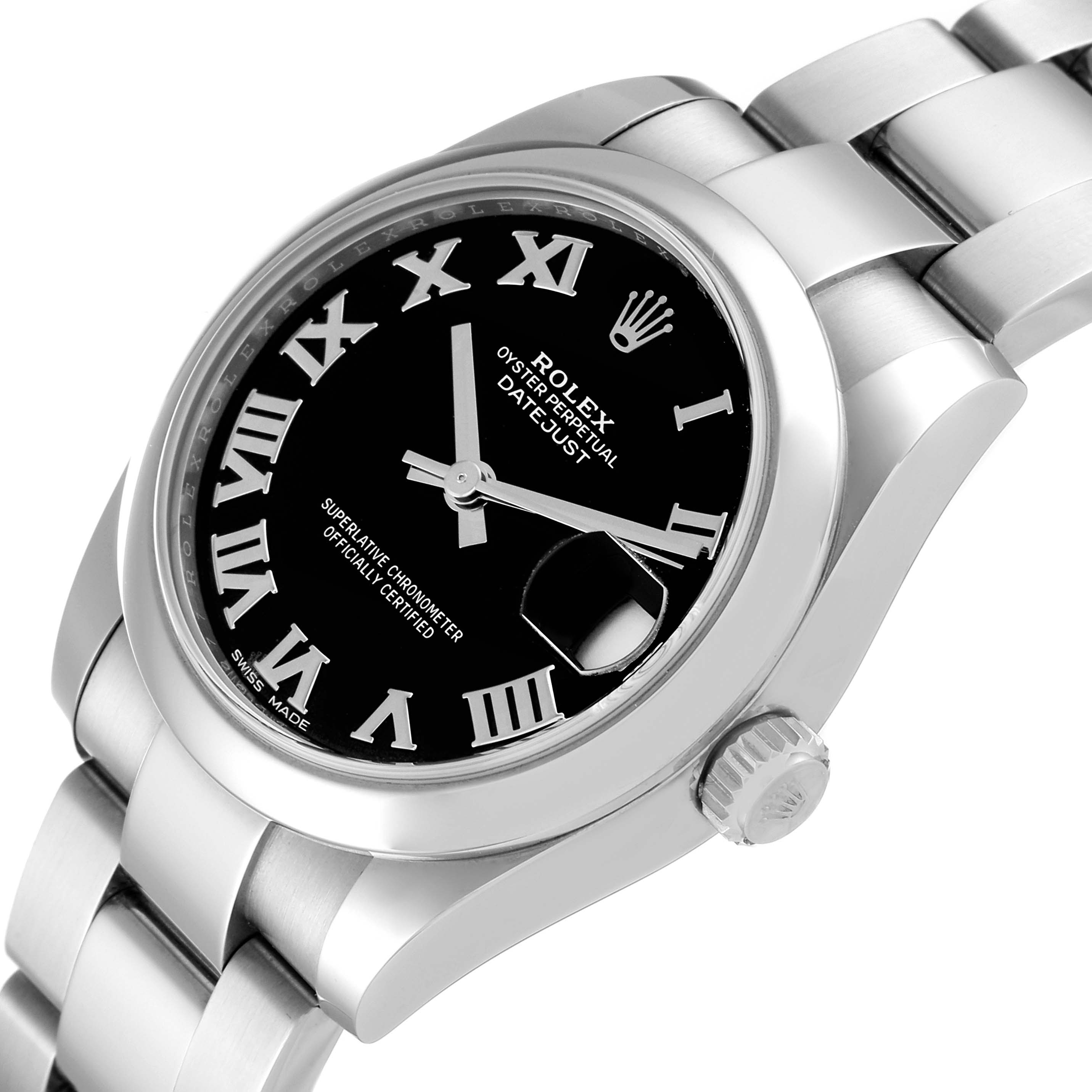 This image shows a close-up angle of the Rolex Datejust 178240 Women's Stainless Steel Black Dial 178240 Women's Stainless Steel Black Dial watch, highlighting the dial, bezel, crown, and part of the bracelet.