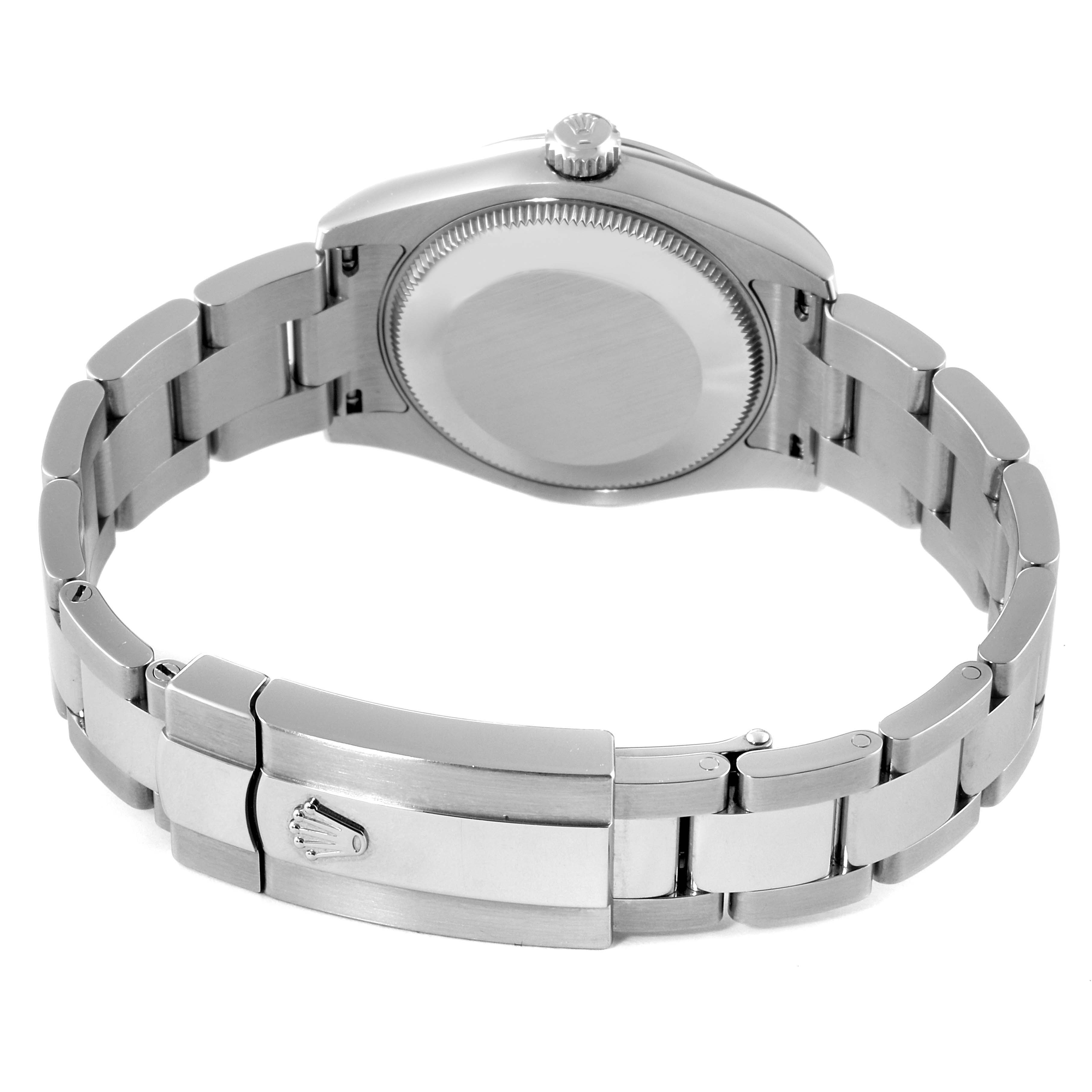 This image shows the back view of a Rolex Datejust 178240 Women's Stainless Steel Black Dial 178240 Women's Stainless Steel Black Dial watch, including the closed clasp and bracelet links.